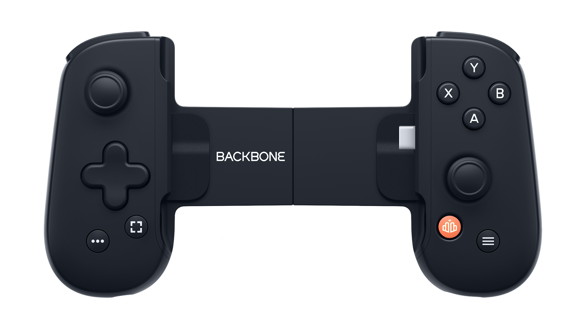 Schwarzer Backbone Mobile-Gaming-Controller mit Tasten und USB-C-Anschluss, auf schwarzem Hintergrund.