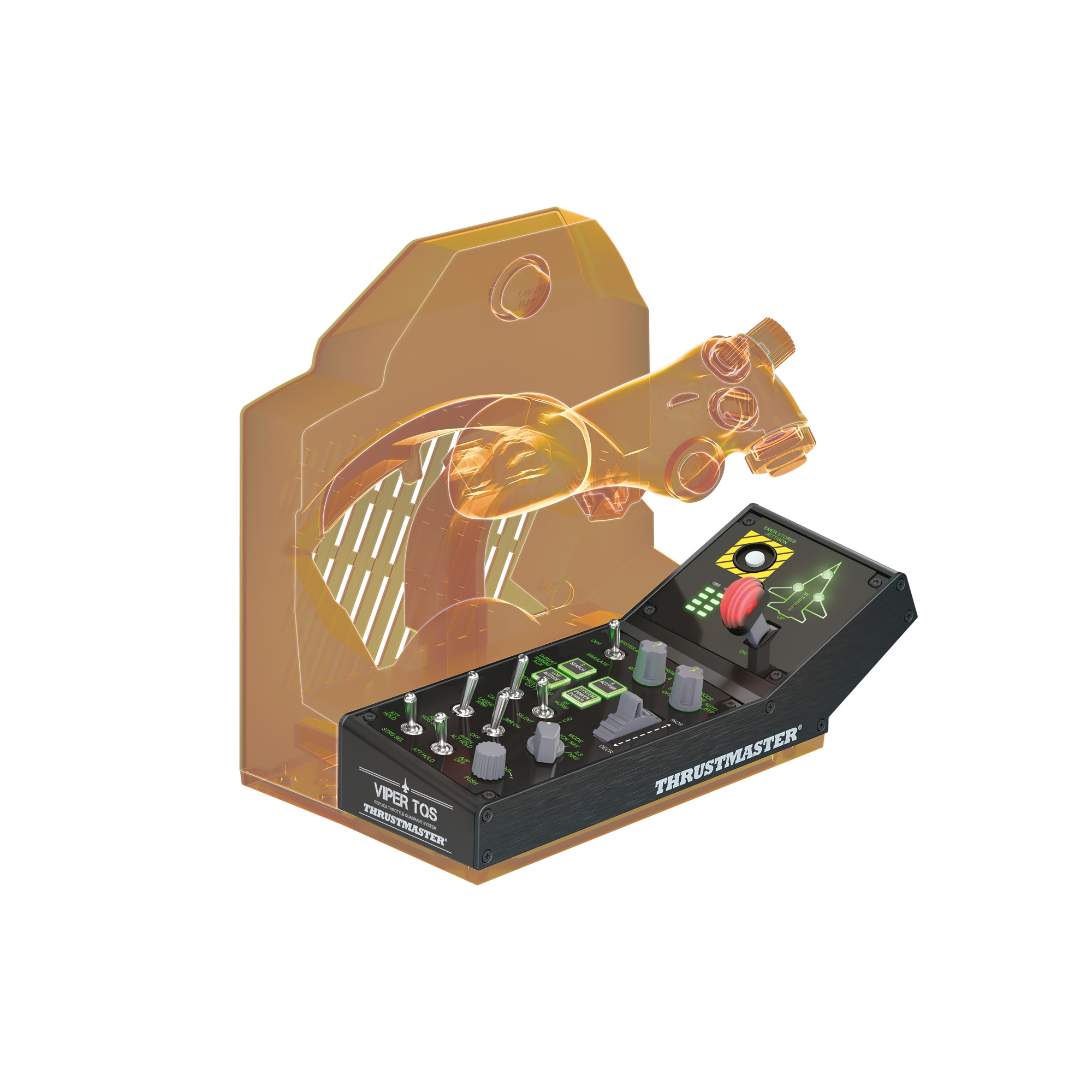 Kontroler do gier z pomarańczowymi i czarnymi elementami oraz przezroczystym uchwytem na białej powierzchni.