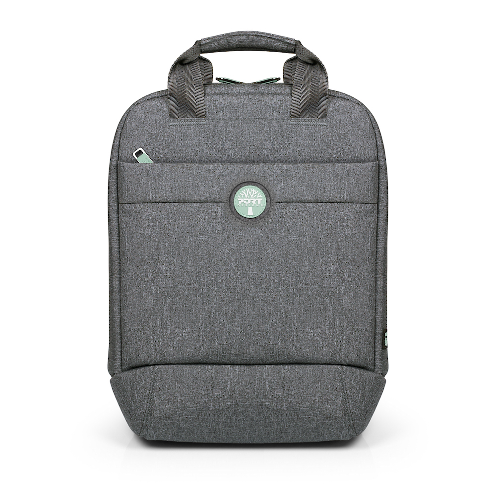 Zaino grigio con tasca con cerniera e logo. Isolato su sfondo bianco.