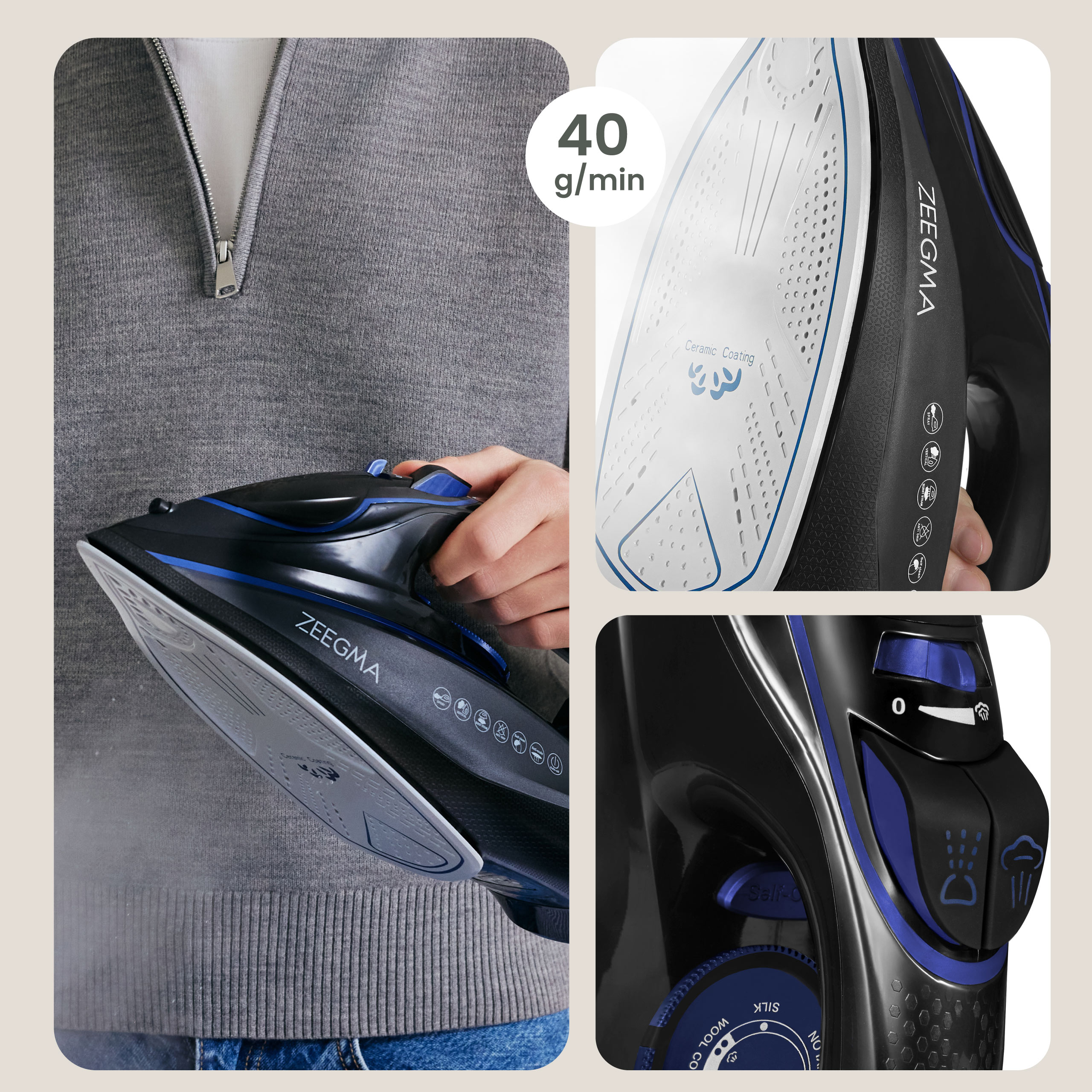 Żelazko, czarne i niebieskie. Wytwarzana jest para. Pokazano szczegóły stopy i sterowania.