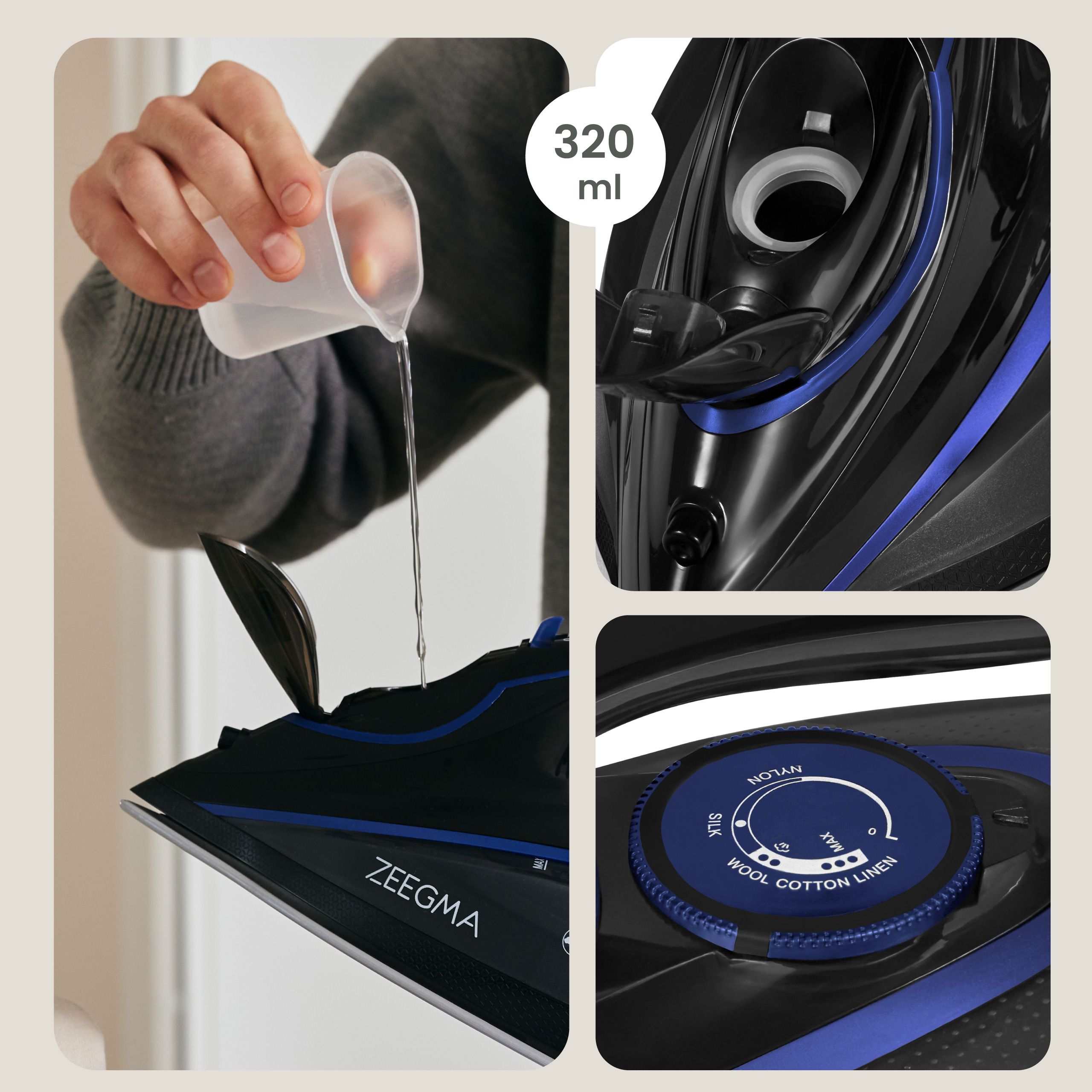 Zbliżenie żelazka, do którego wlewa się wodę, pokazujące różne ustawienia.