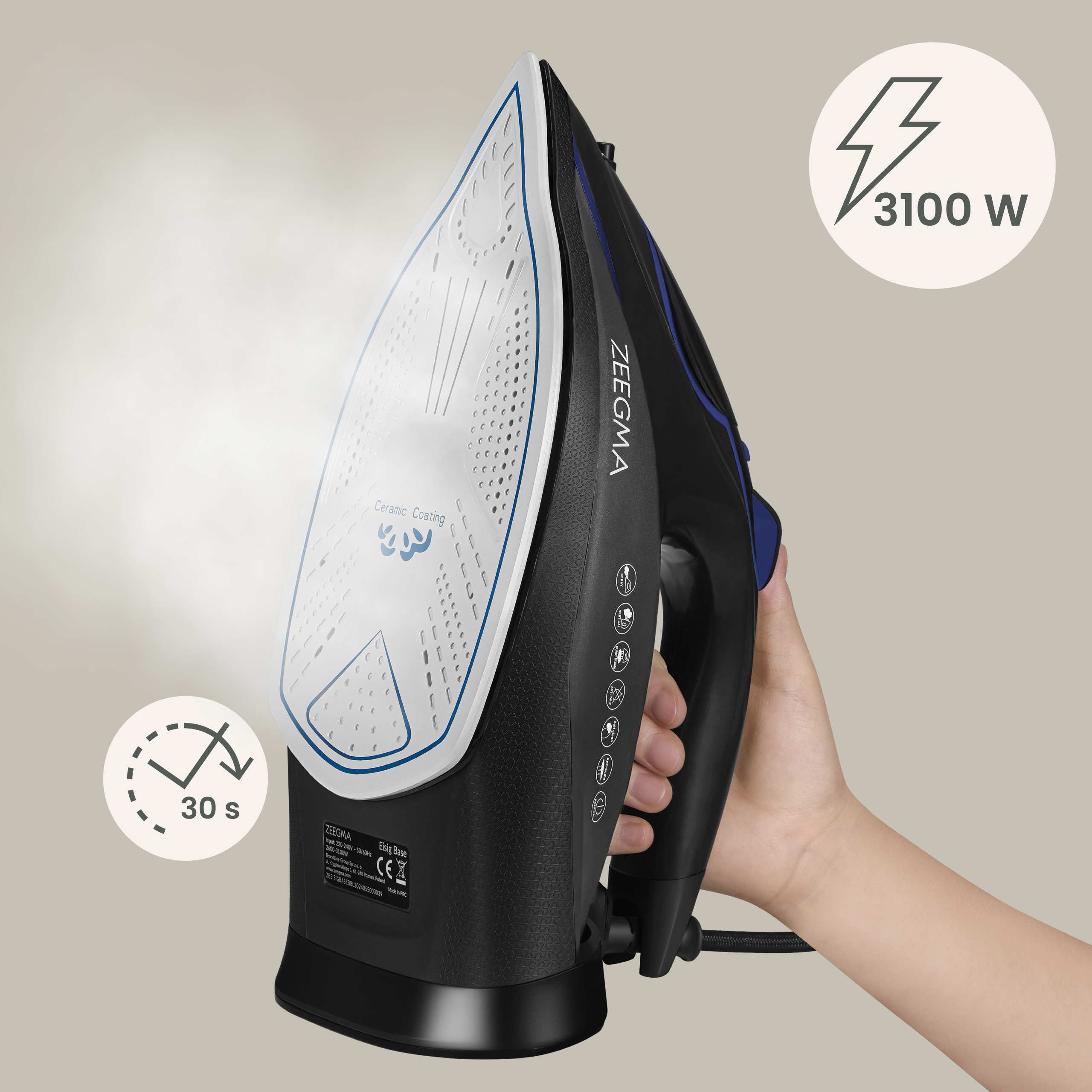 Ein Bügeleisen wird gehalten. Der Text zeigt 30s und 3100W. Das Bügeleisen ist schwarz und blau mit weißer Basis.