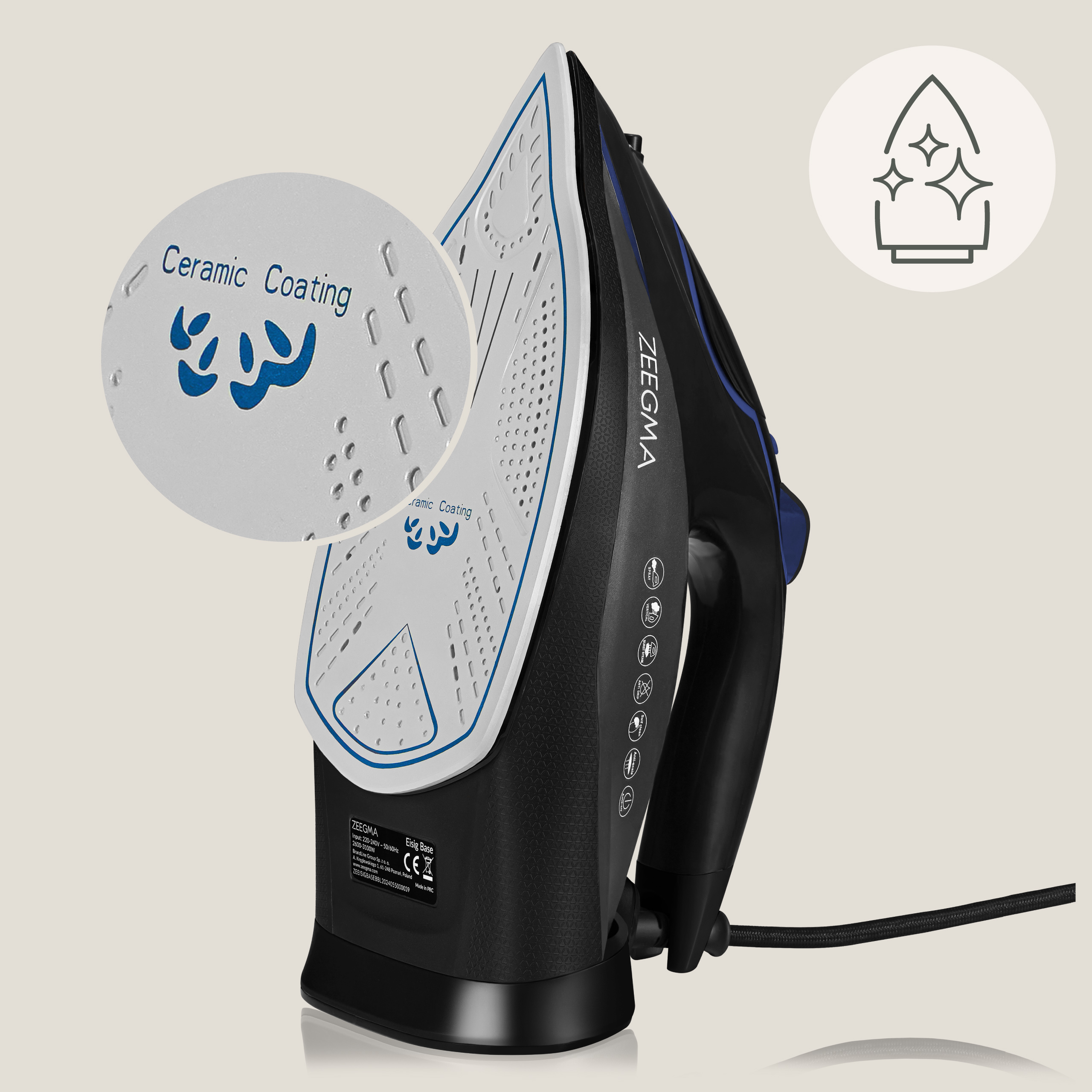 Black and blue iron. The iron has a ceramic coating. The image shows the soleplate.