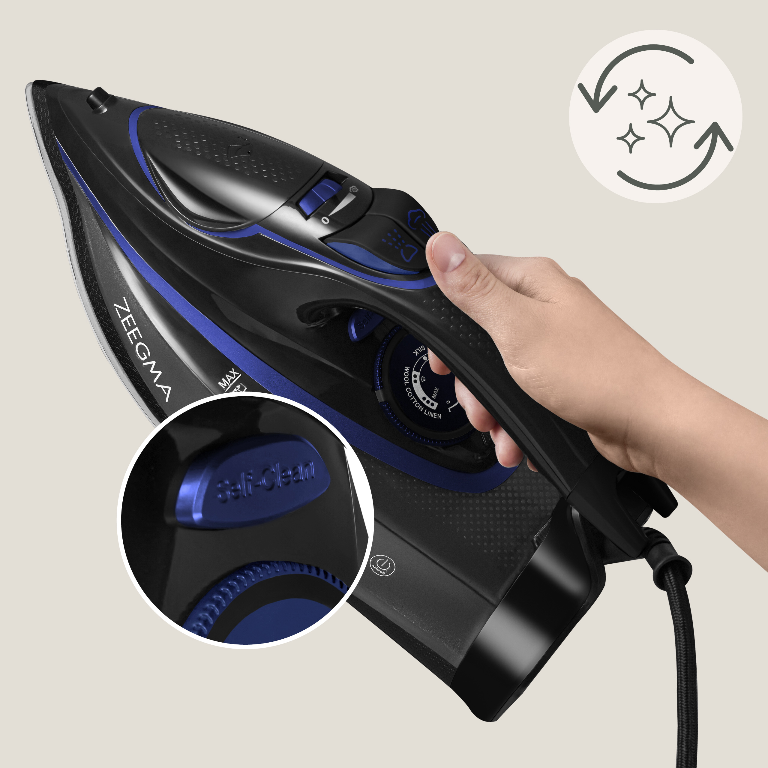 Czarne i niebieskie żelazko trzymane w dłoni, z zbliżeniem przycisku Self-Clean.