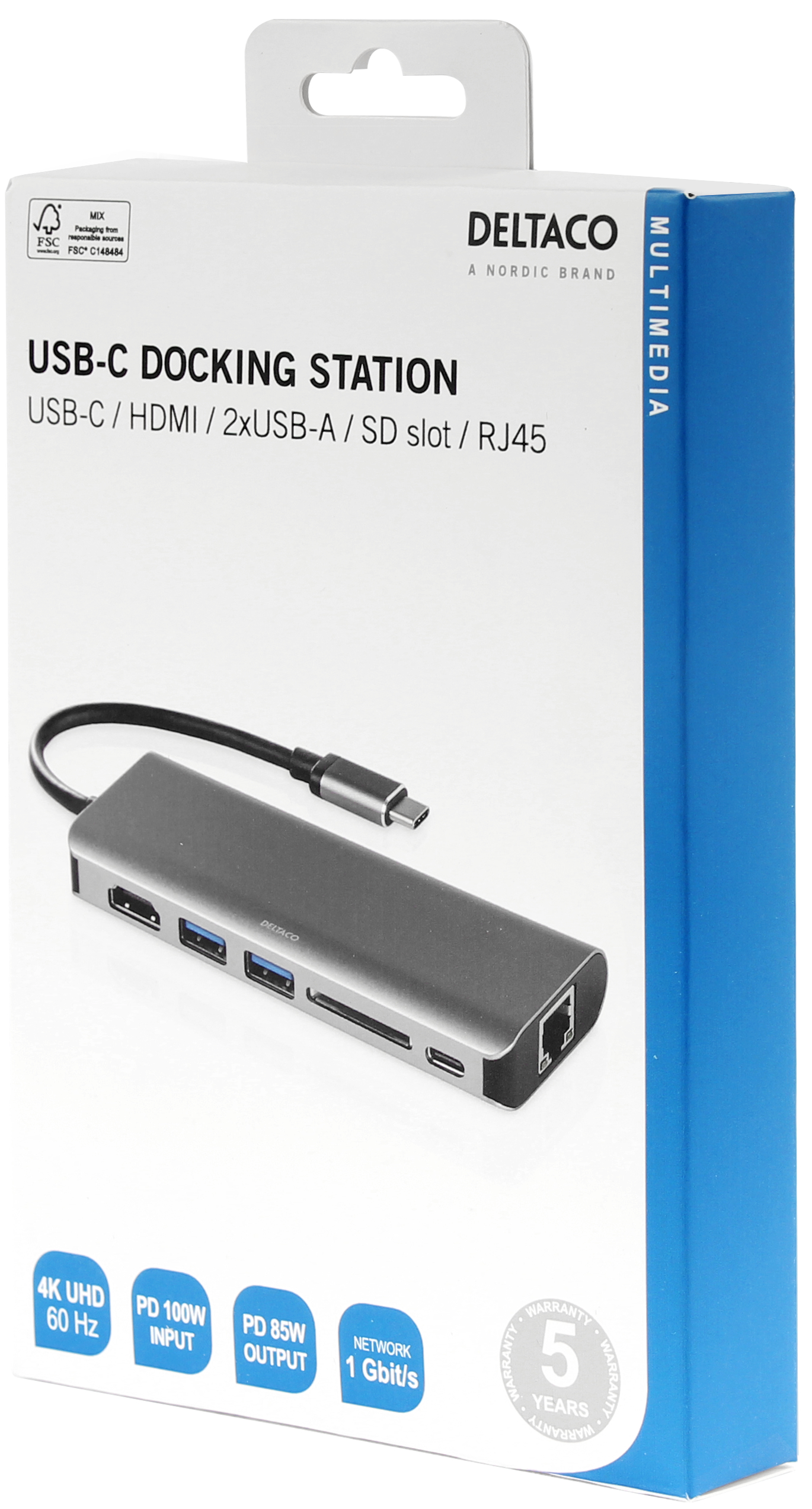 Stazione di docking USB-C argentata con più porte e scatola bianca e blu.