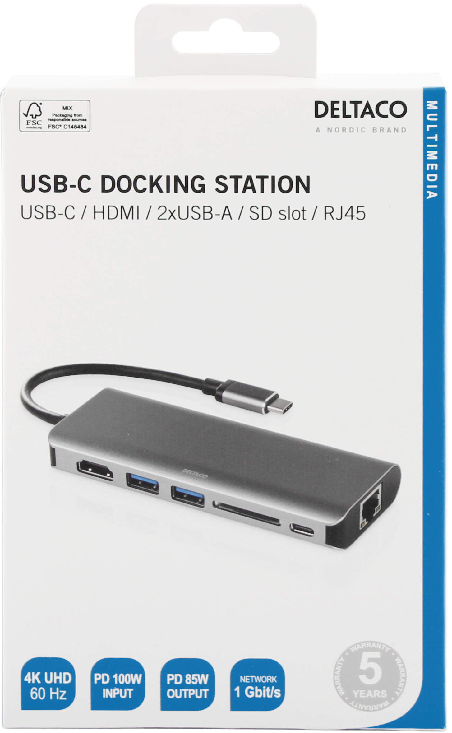 Stazione di docking USB-C nella sua scatola, con porte e cavi. Sfondo bianco.