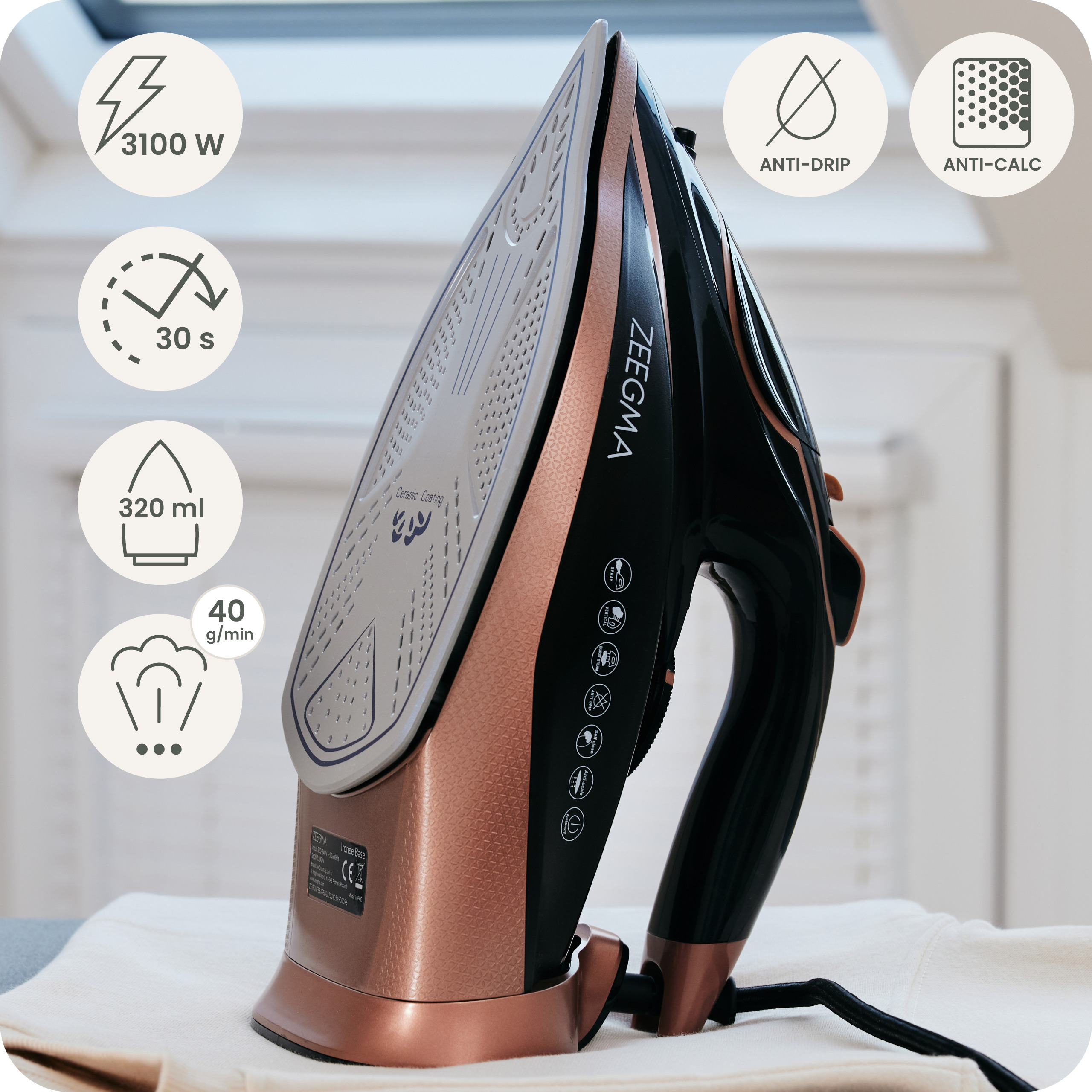 Czarne i różowo-złote żelazko z ikonami zasilania, pary i innych funkcji na białej szmatce.