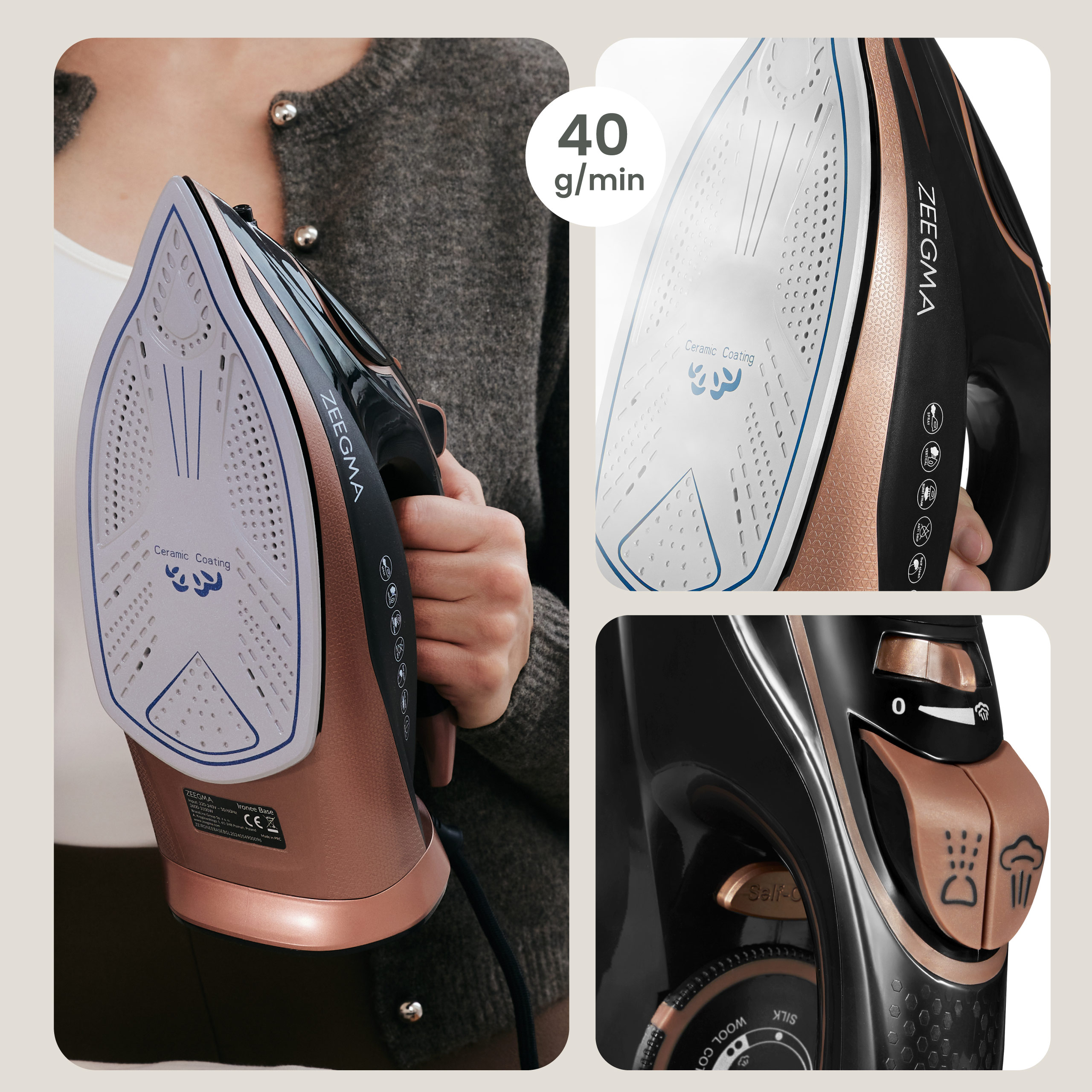 Żelazko z różowo-złotymi akcentami, ze zbliżeniami stopy i uchwytu.