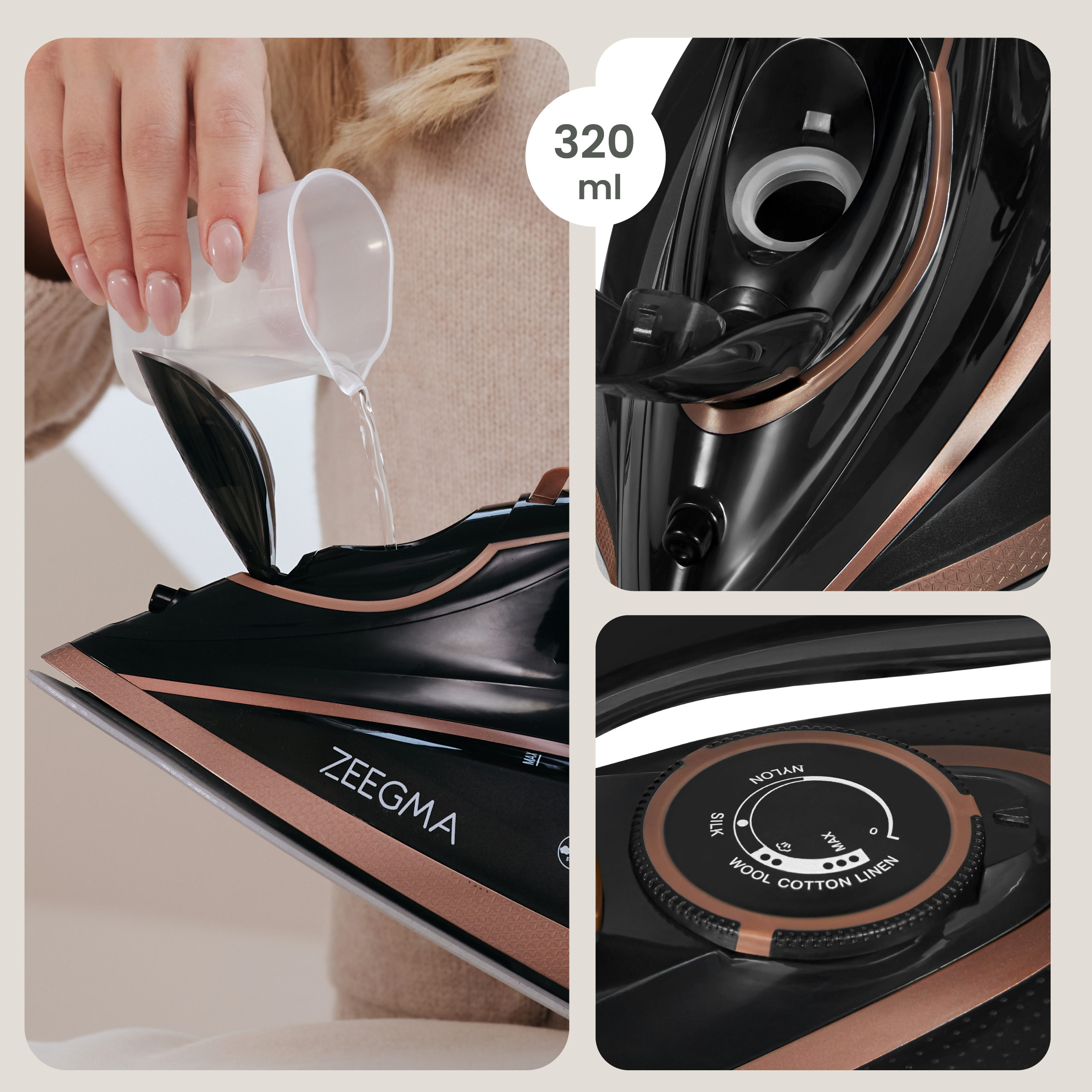 Żelazko napełniane wodą i detale panelu.