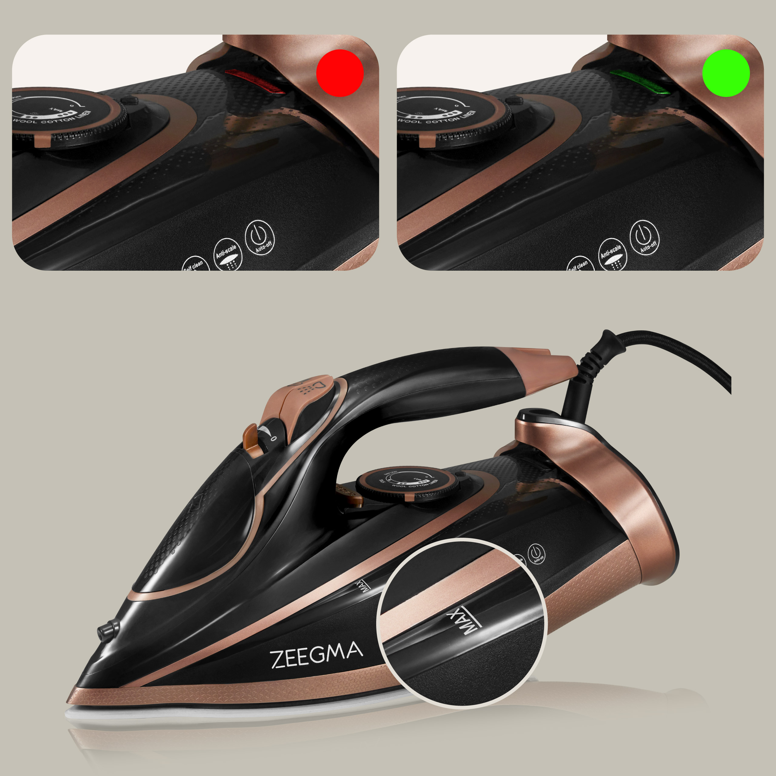 Czarno-miedziane żelazko pokazujące wskaźniki czerwonego/zielonego światła i wskaźnik poziomu wody MAX.