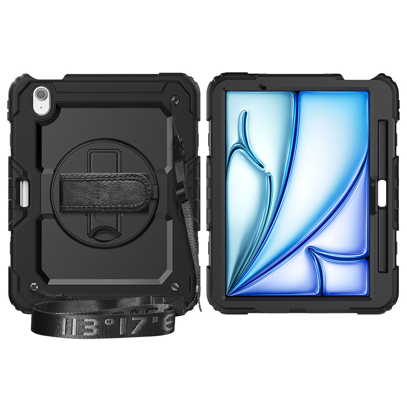 Schwarze Tablethülle mit Handschlaufe und Abdeckung. Weißer Hintergrund.