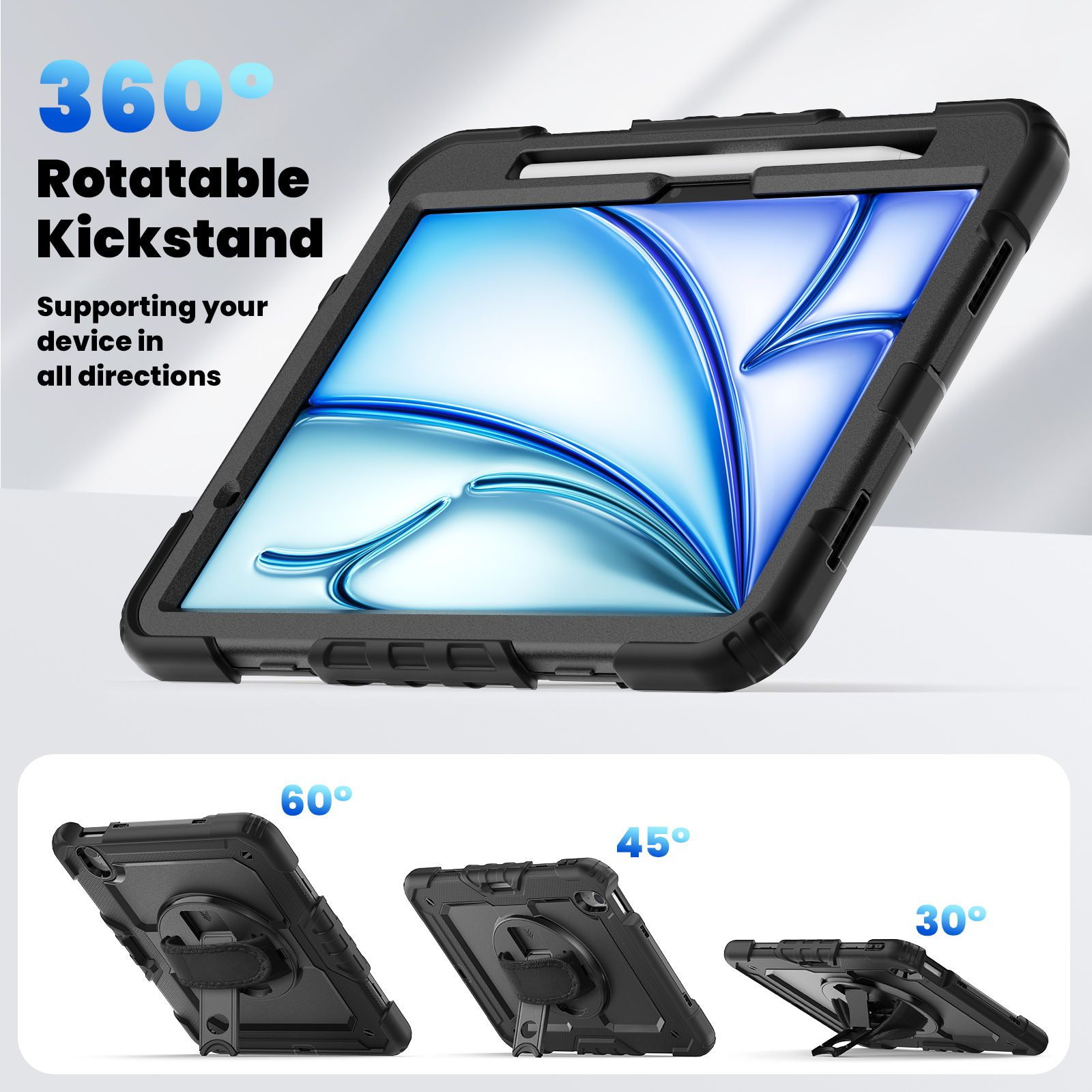 Schwarze Tablethülle mit Ständer. Zeigt verschiedene Winkel: 60, 45 und 30 Grad.