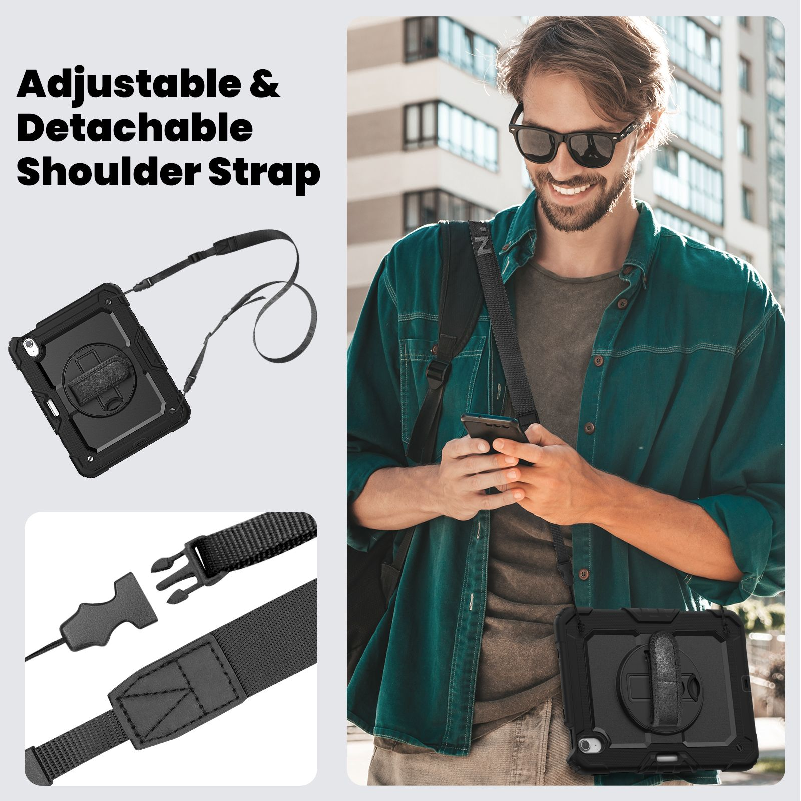 Ein Mann mit Sonnenbrille trägt ein Tablet in einer schwarzen Hülle mit Schulterriemen. Zubehör wird gezeigt.
