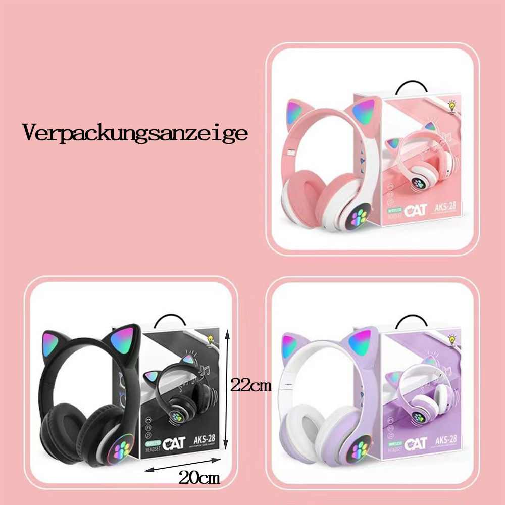 Kopfhörer in Kartons. Pinke, schwarze und lila Katzenohrkopfhörer werden gezeigt.