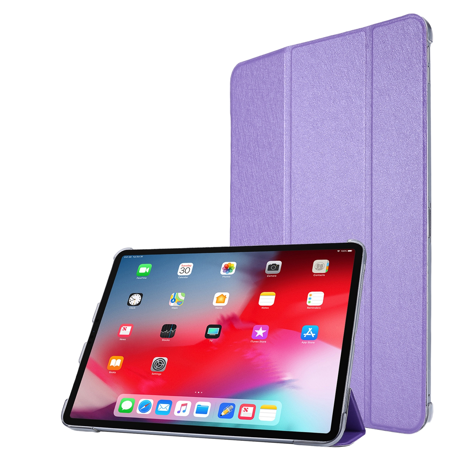 Ein iPad mit lila Hülle, das Apps zeigt, auf weißem Hintergrund.