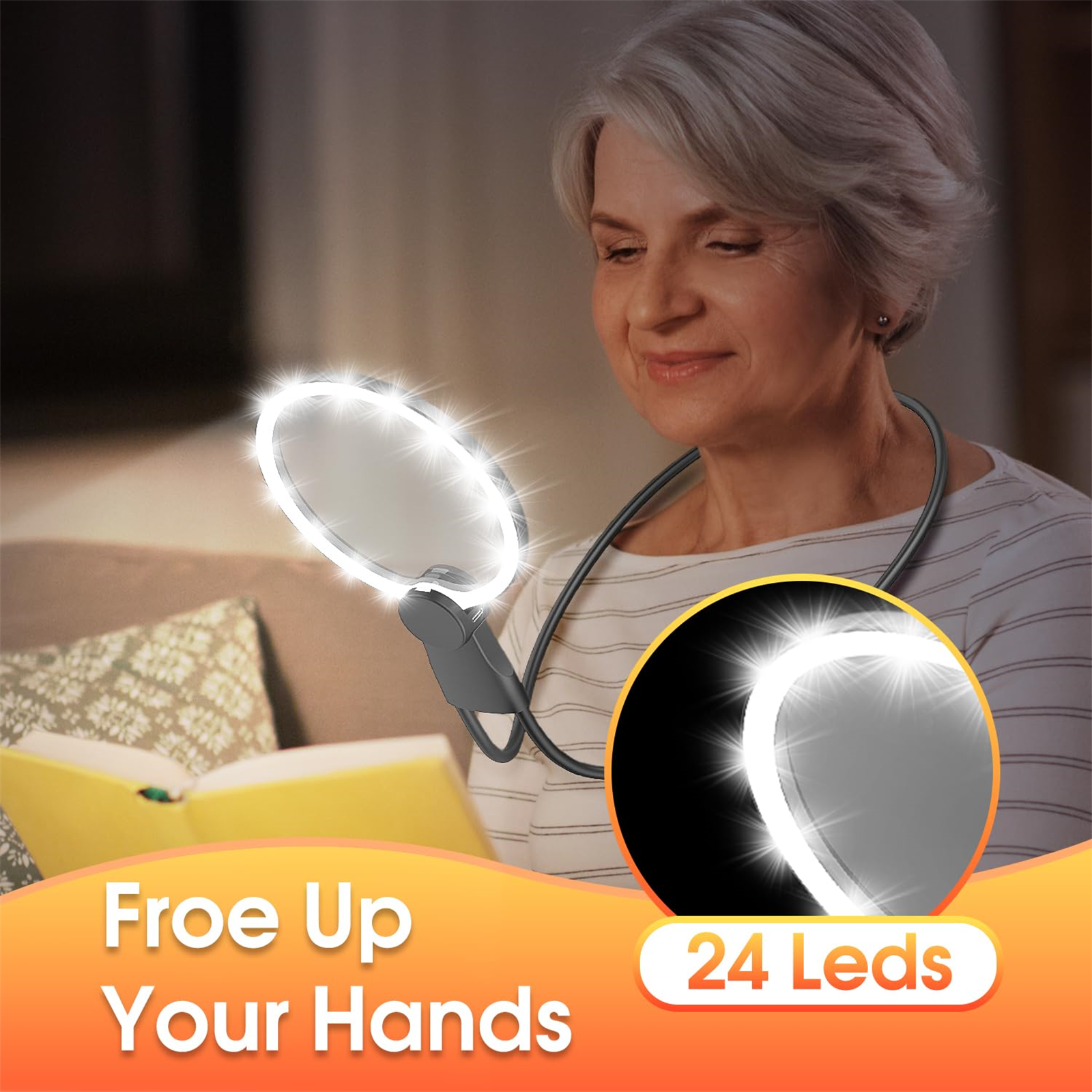 Eine Frau liest mit einem am Hals getragenen Licht. Das Licht hat 24 LEDs und ist auf ihr Buch gerichtet.