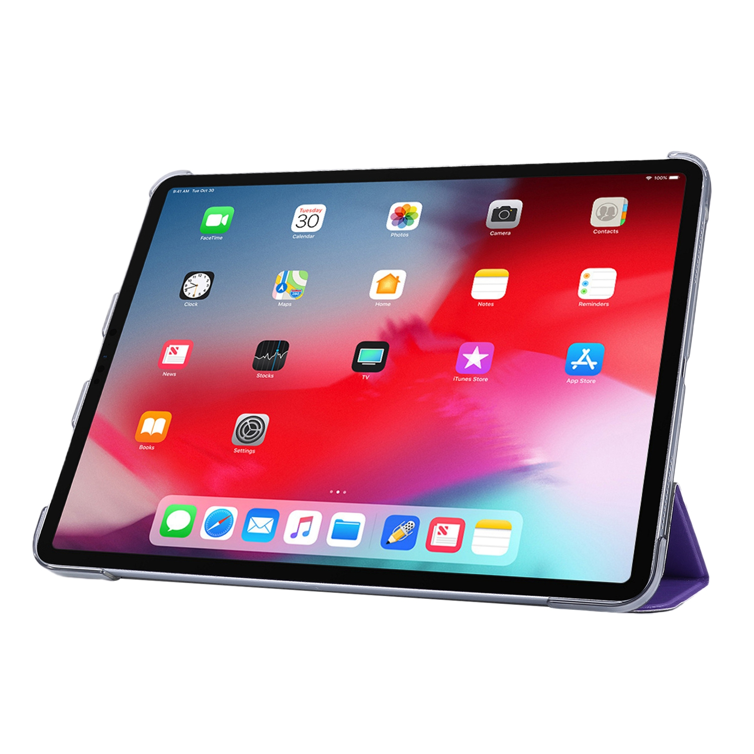 Tablet mit Apps auf dem Bildschirm. Es befindet sich in einer transparenten Schutzhülle auf einem lila Ständer.