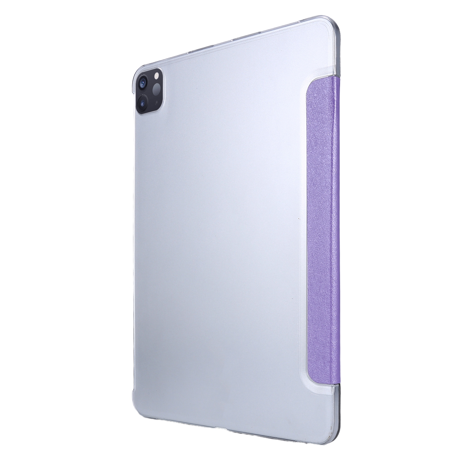 Ein silbernes Tablet mit einer lila Hülle. Das Tablet ist gedreht, um die Rückseite zu zeigen.