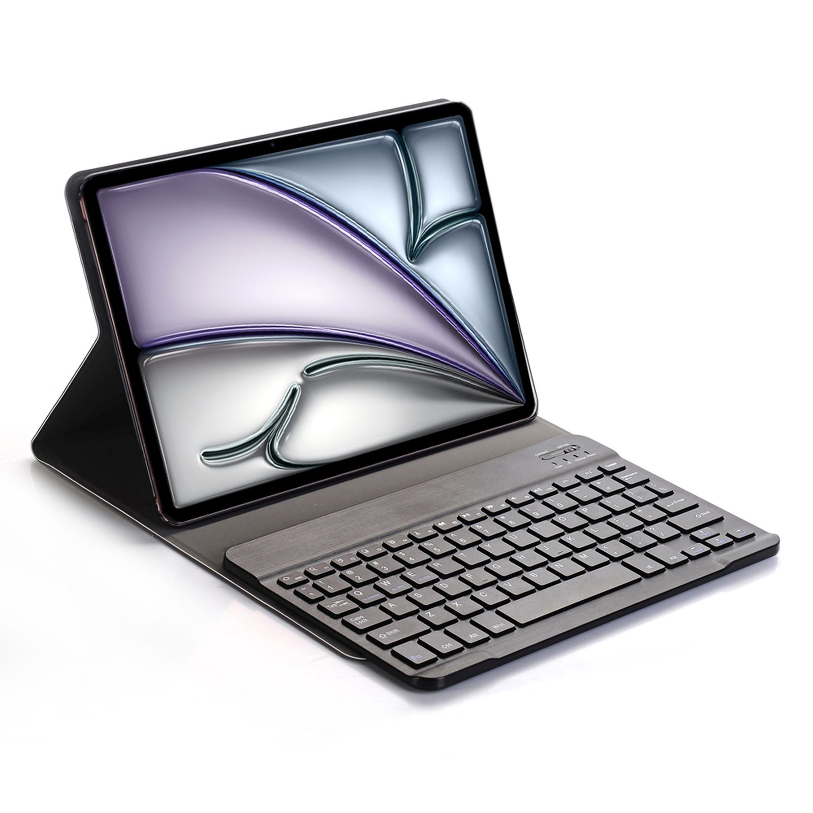 Una tableta con una funda de teclado. La tableta tiene una pantalla que muestra un diseño abstracto, sobre una superficie blanca.