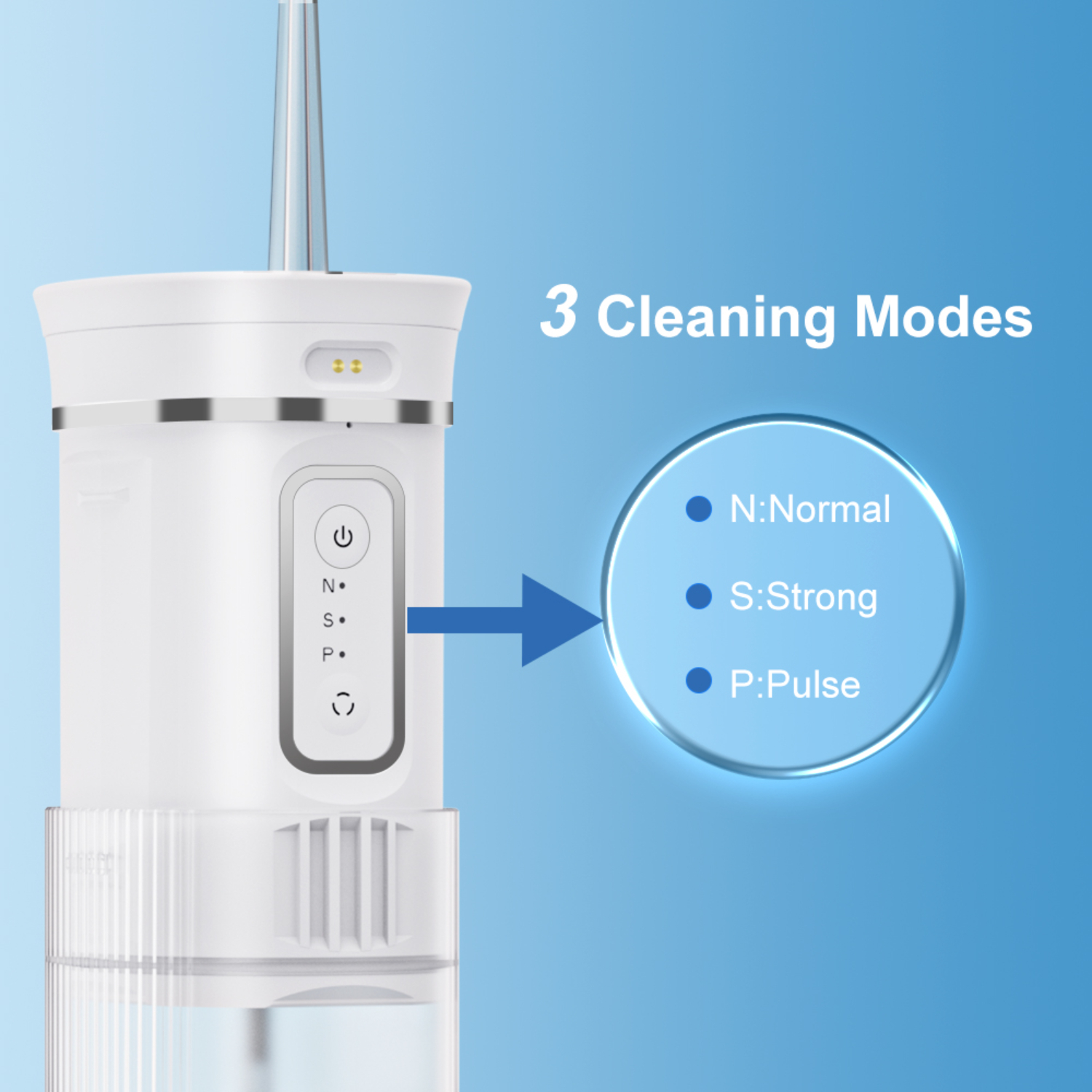 Ein weißer Dental-Irrigator mit drei Reinigungsmodi, die durch einen blauen Pfeil angezeigt werden.