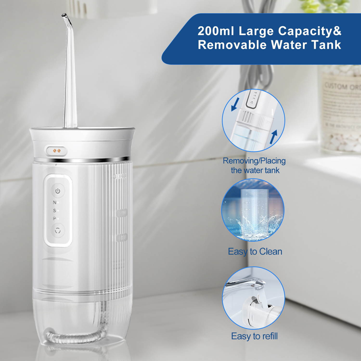 Weißer Wasserflosser mit abnehmbarem Wassertank, neben Diagrammen.