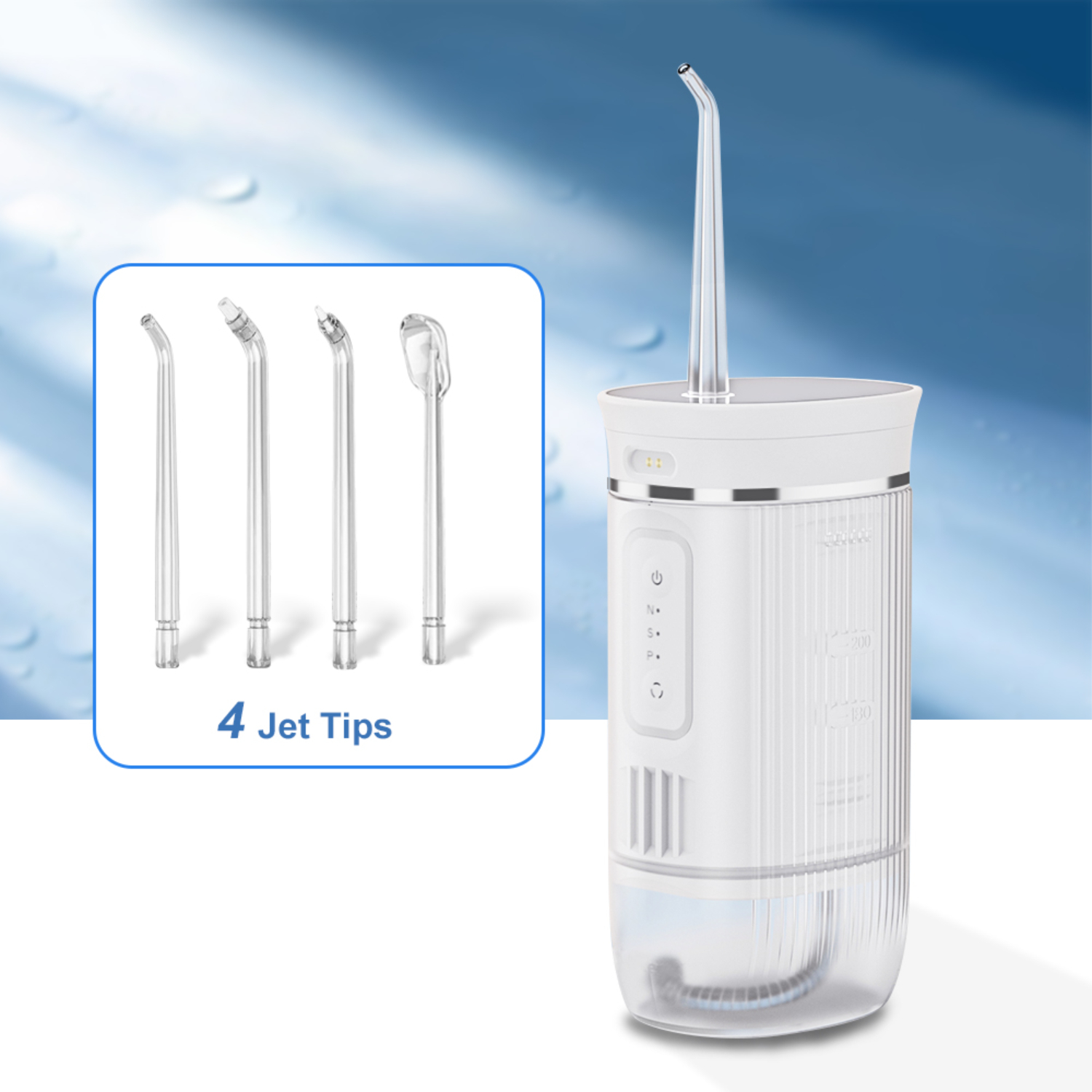 Ein weißer Wasser-Flosser mit vier Düsenspitzen und Wassertropfen im Hintergrund.