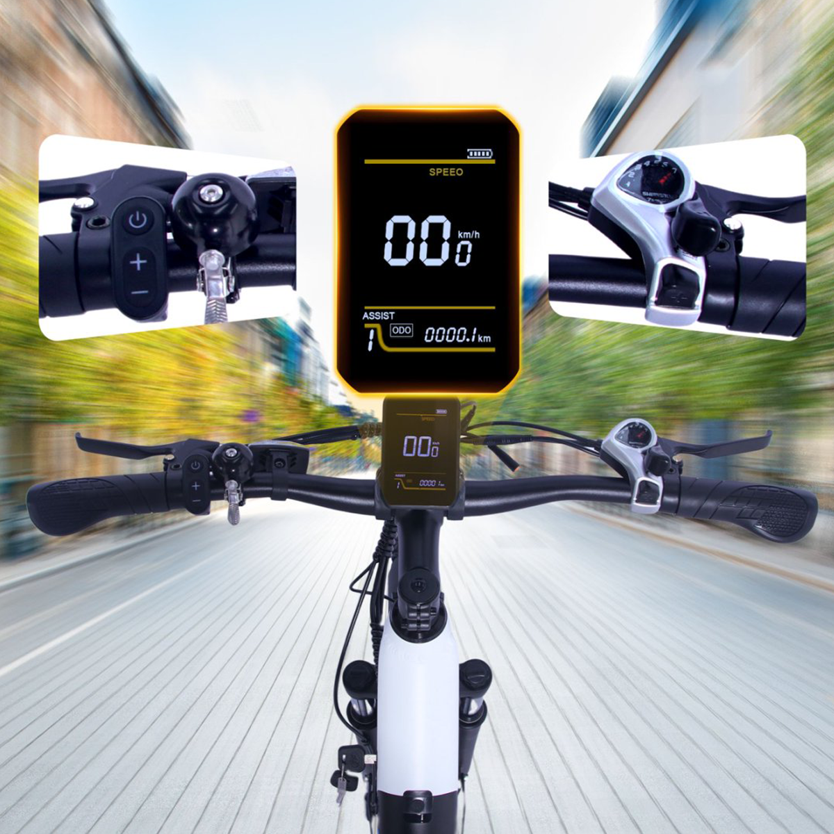Wyświetlacz na kierownicy roweru z prędkością i wspomaganiem. Sterowanie po obu stronach.