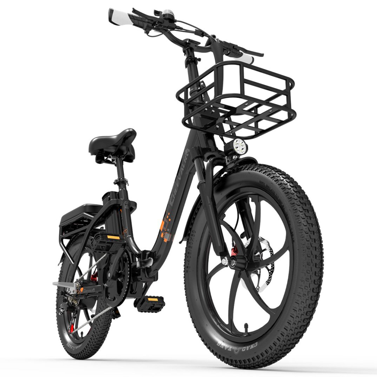 Czarny rower elektryczny z koszem i grubymi oponami.