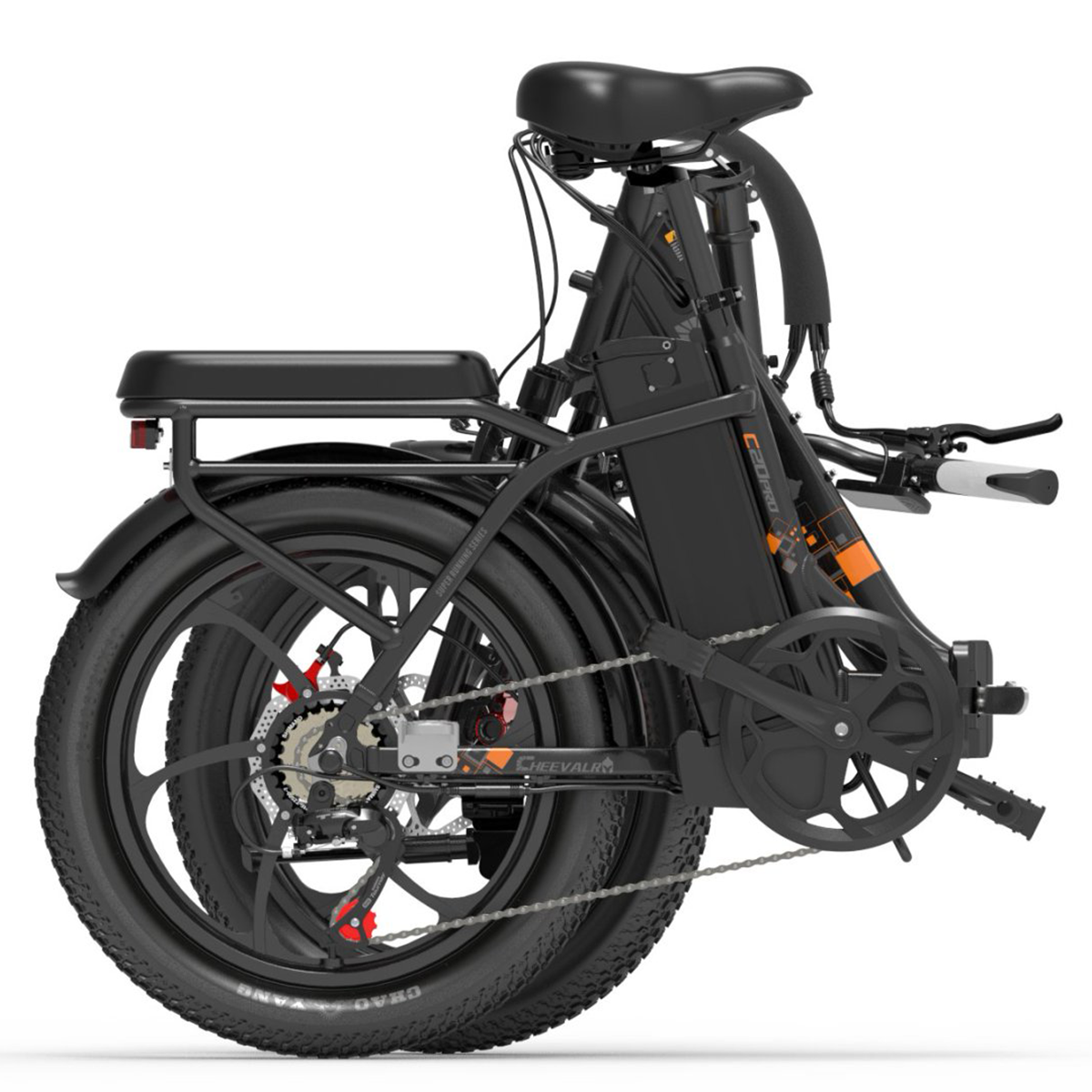 Składany czarny rower elektryczny. Widok z tyłu. Czarne opony i rama. Pomarańczowe akcenty. Złożony do transportu.