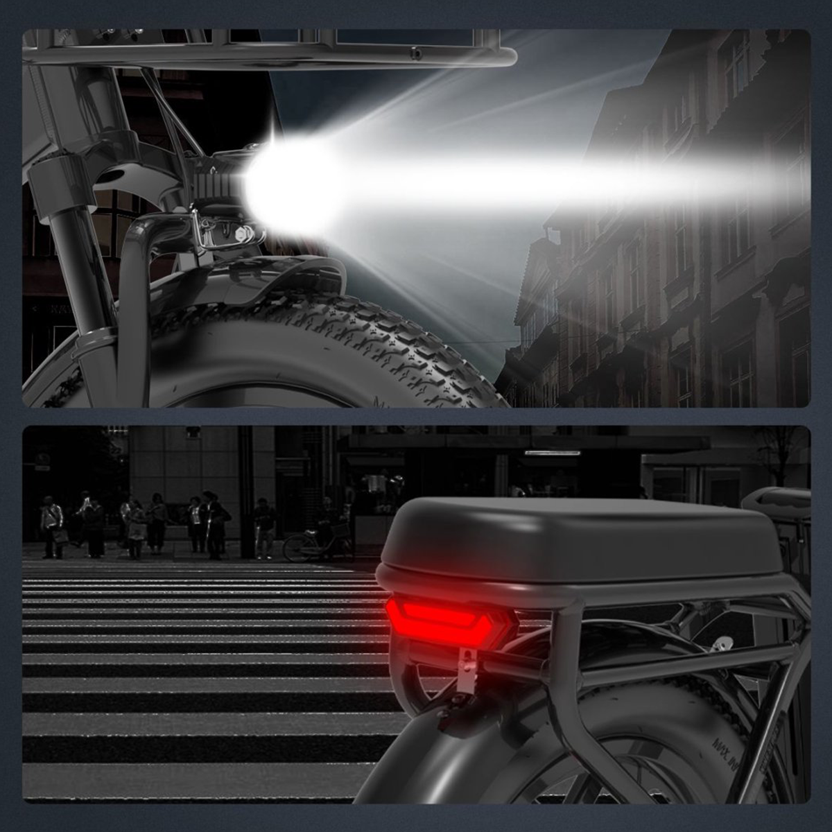 Światła rowerowe włączone i wyłączone. Widok z góry pokazuje reflektor, widok z dołu tylne światło.