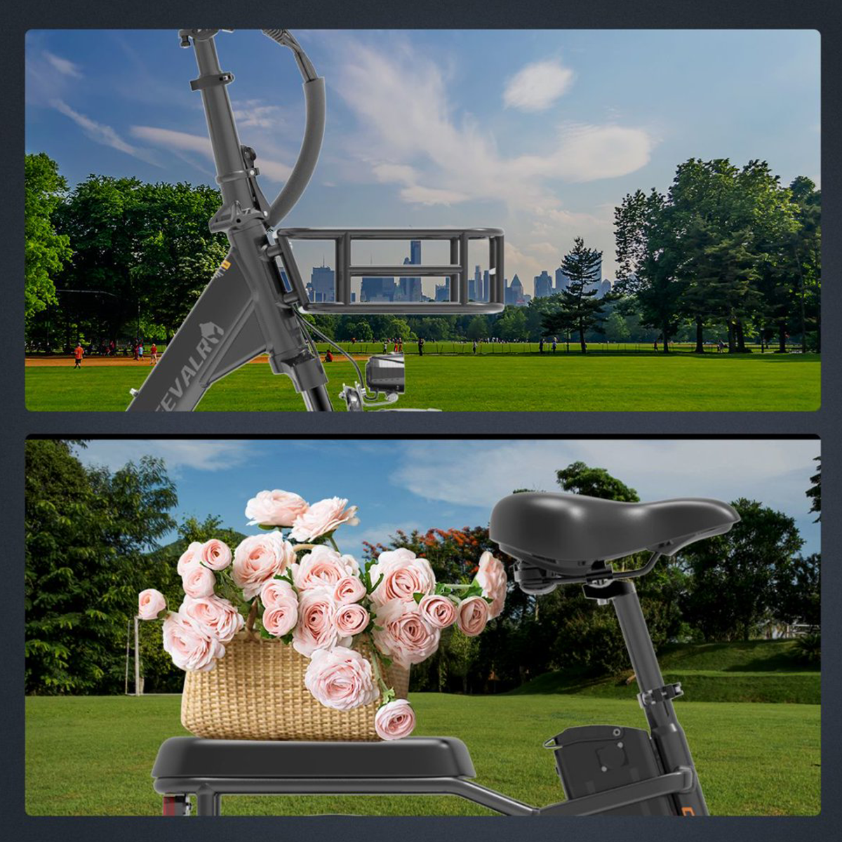 Dwa zdjęcia roweru. Jedno z koszem i kwiatami, drugie z ramą roweru.