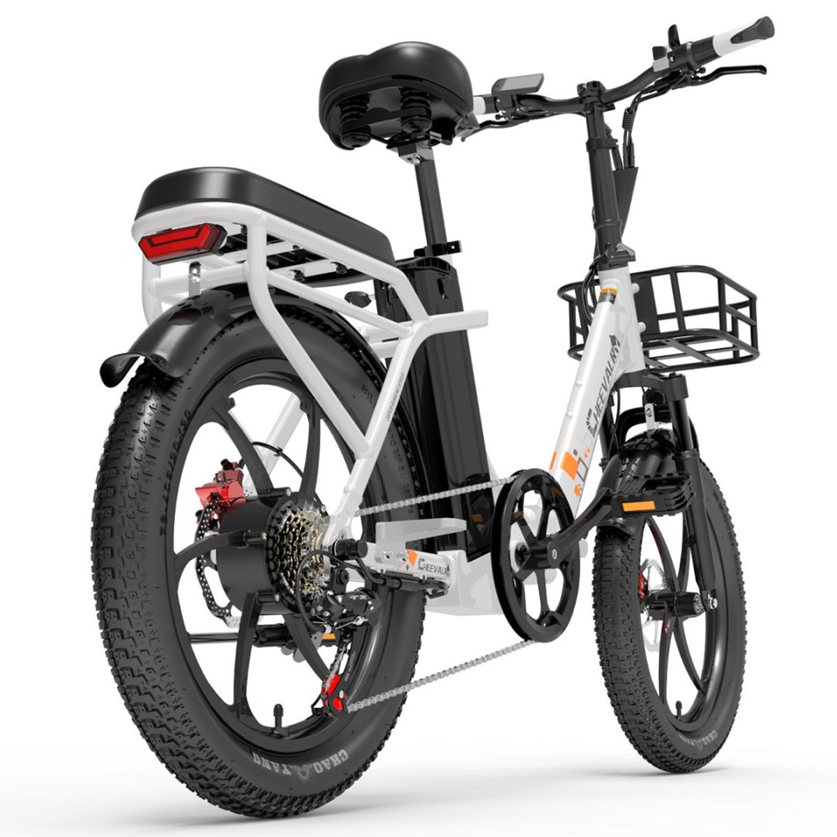 Biało-czarny rower elektryczny, z koszem i tylnym bagażnikiem.