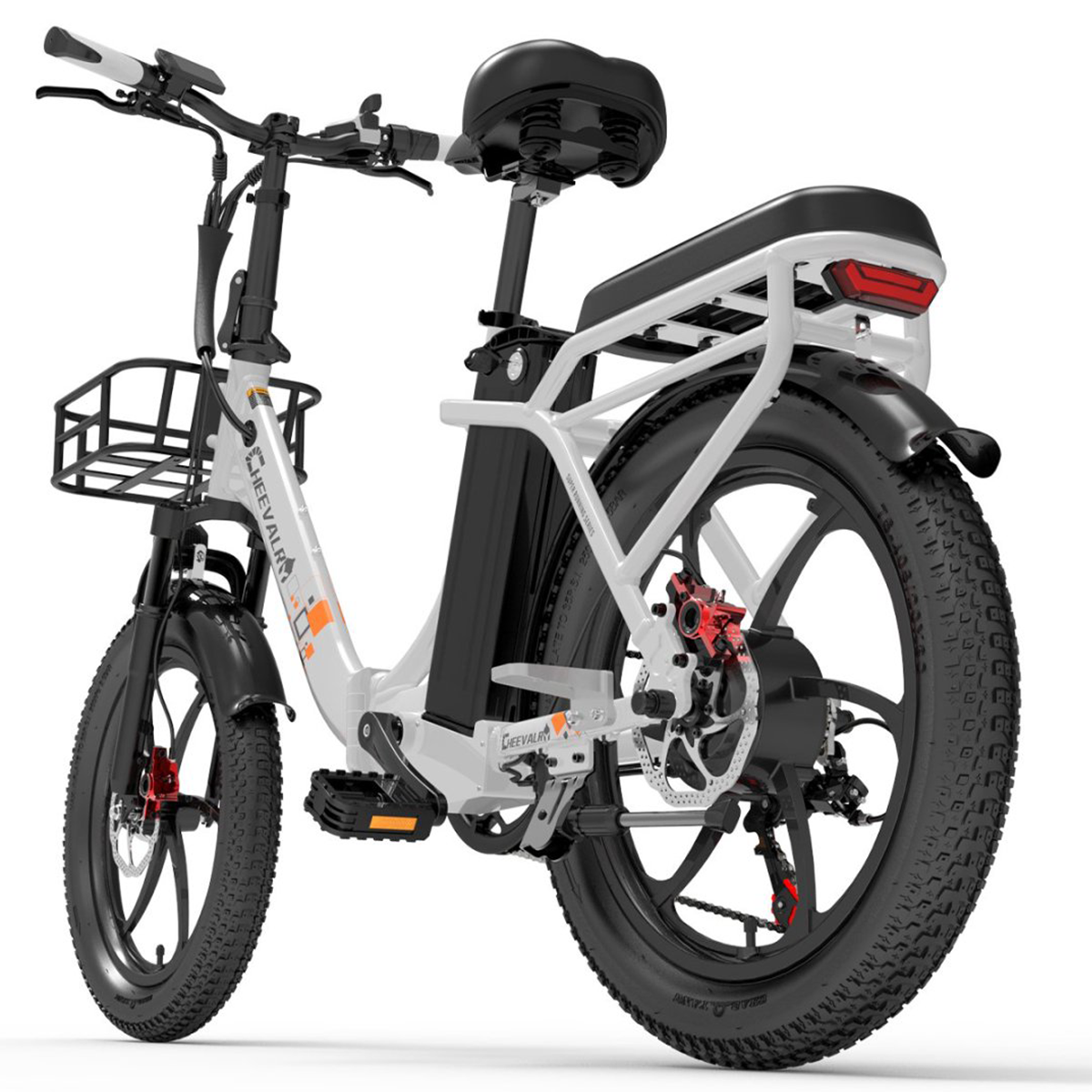 Biało-czarny rower elektryczny z koszykiem i tylnym bagażnikiem.