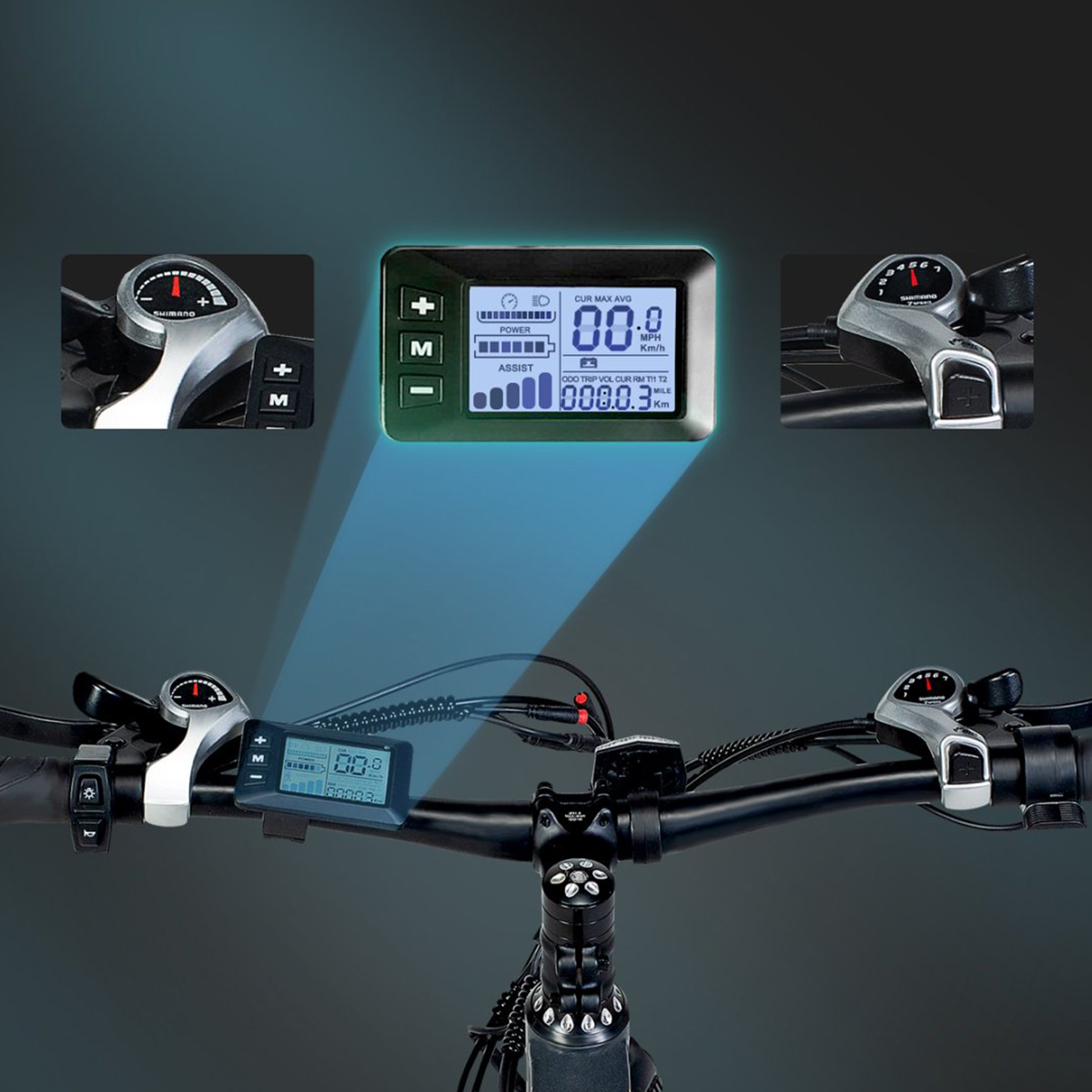 Panel sterowania roweru elektrycznego z przyciskami i wyświetlaczami. Szczegóły na zdjęciu.