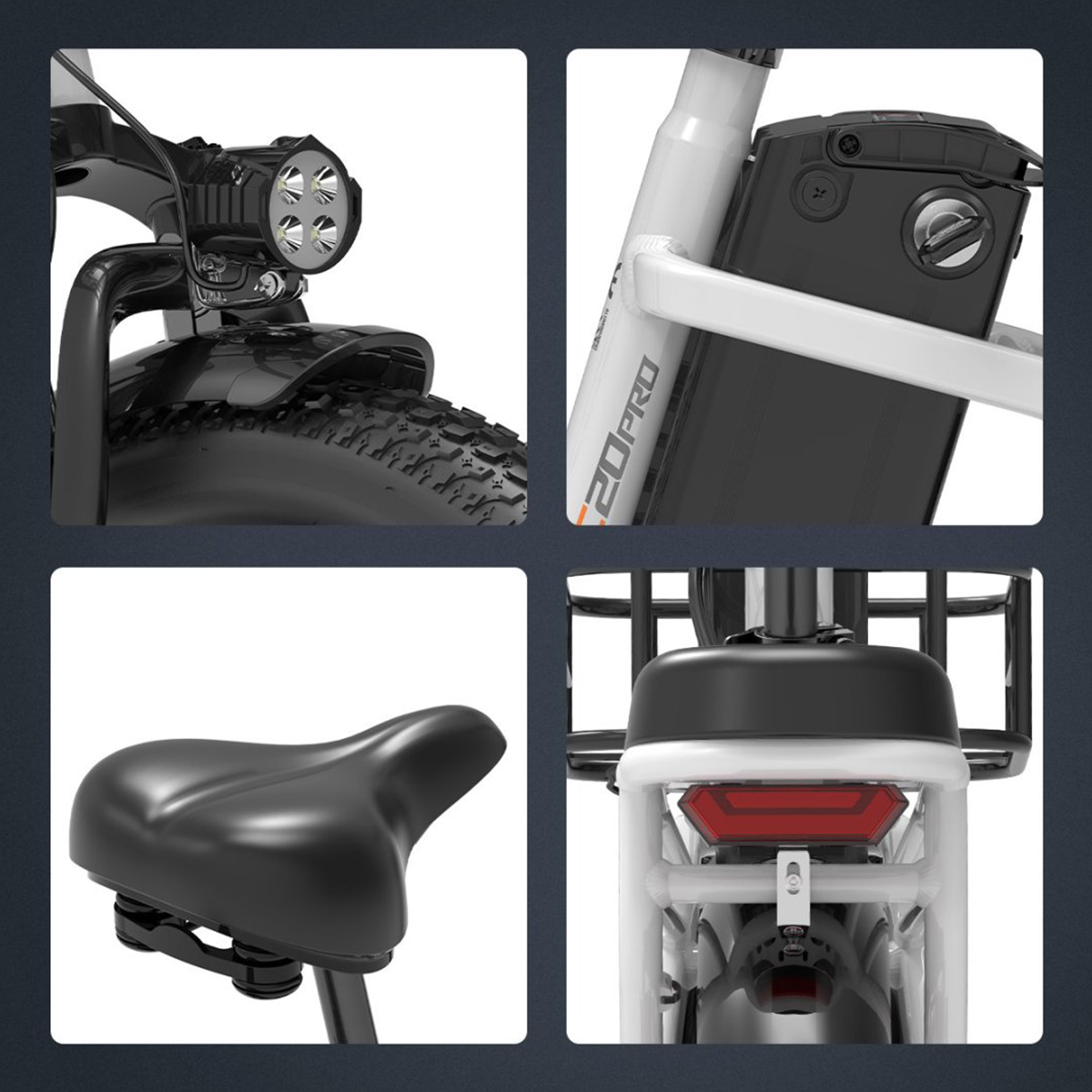 Cztery szczegółowe części roweru: reflektor, bateria, siodełko i tylne światło ze światłem odblaskowym. Czarno-biały rower.