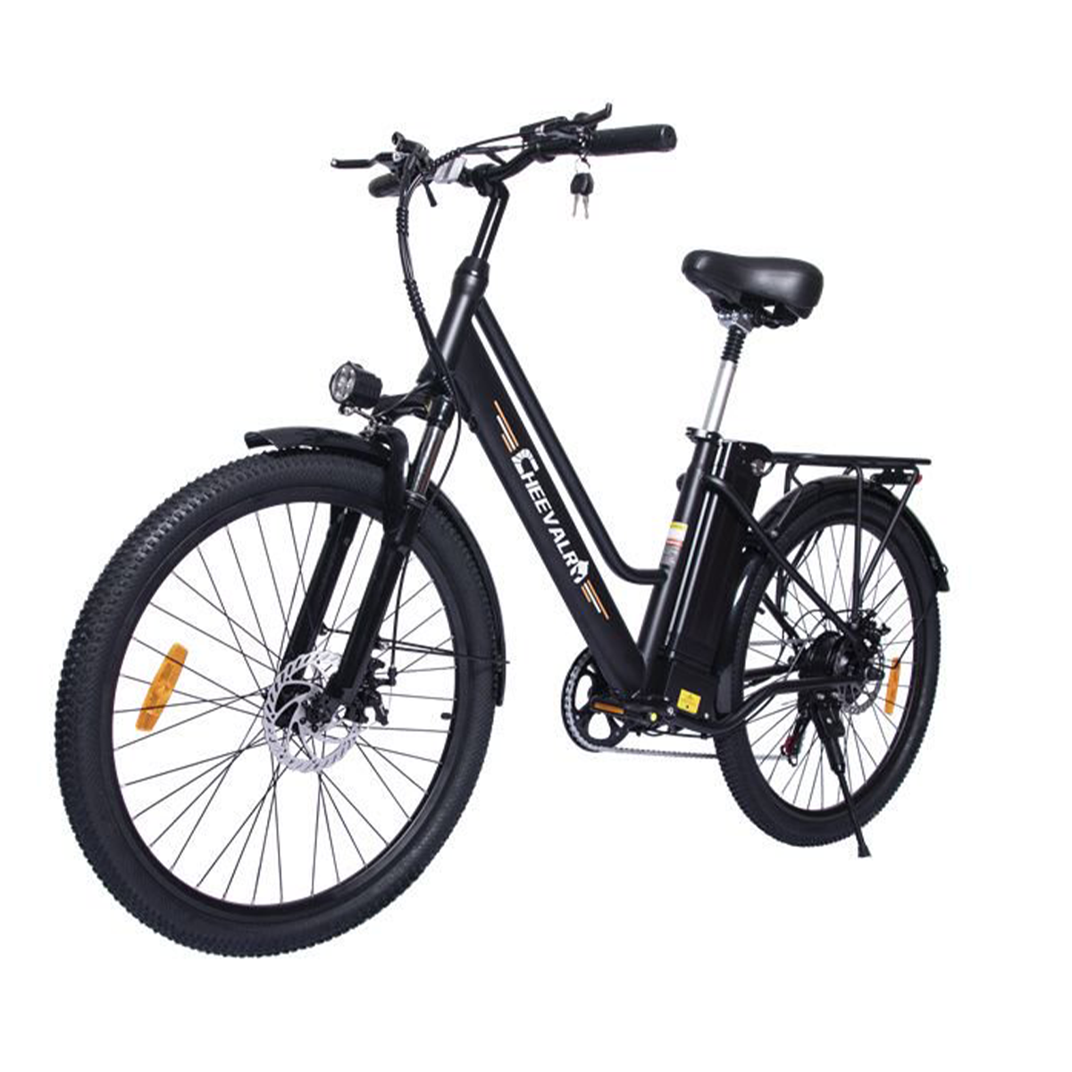 Czarny rower elektryczny na białym tle.