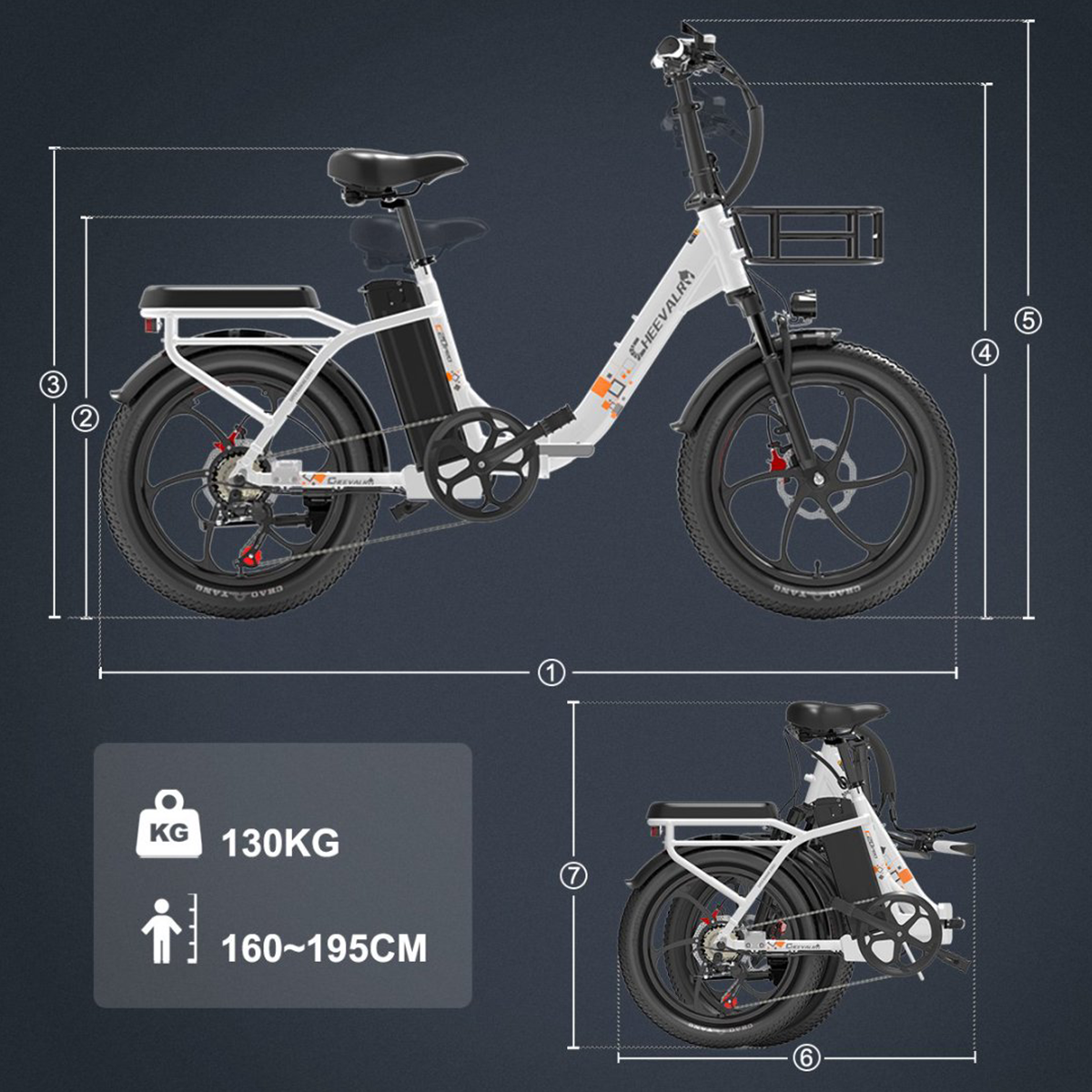 Biały rower elektryczny z czarnymi oponami, koszem i baterią. Pokazuje wagę i zakres wzrostu.