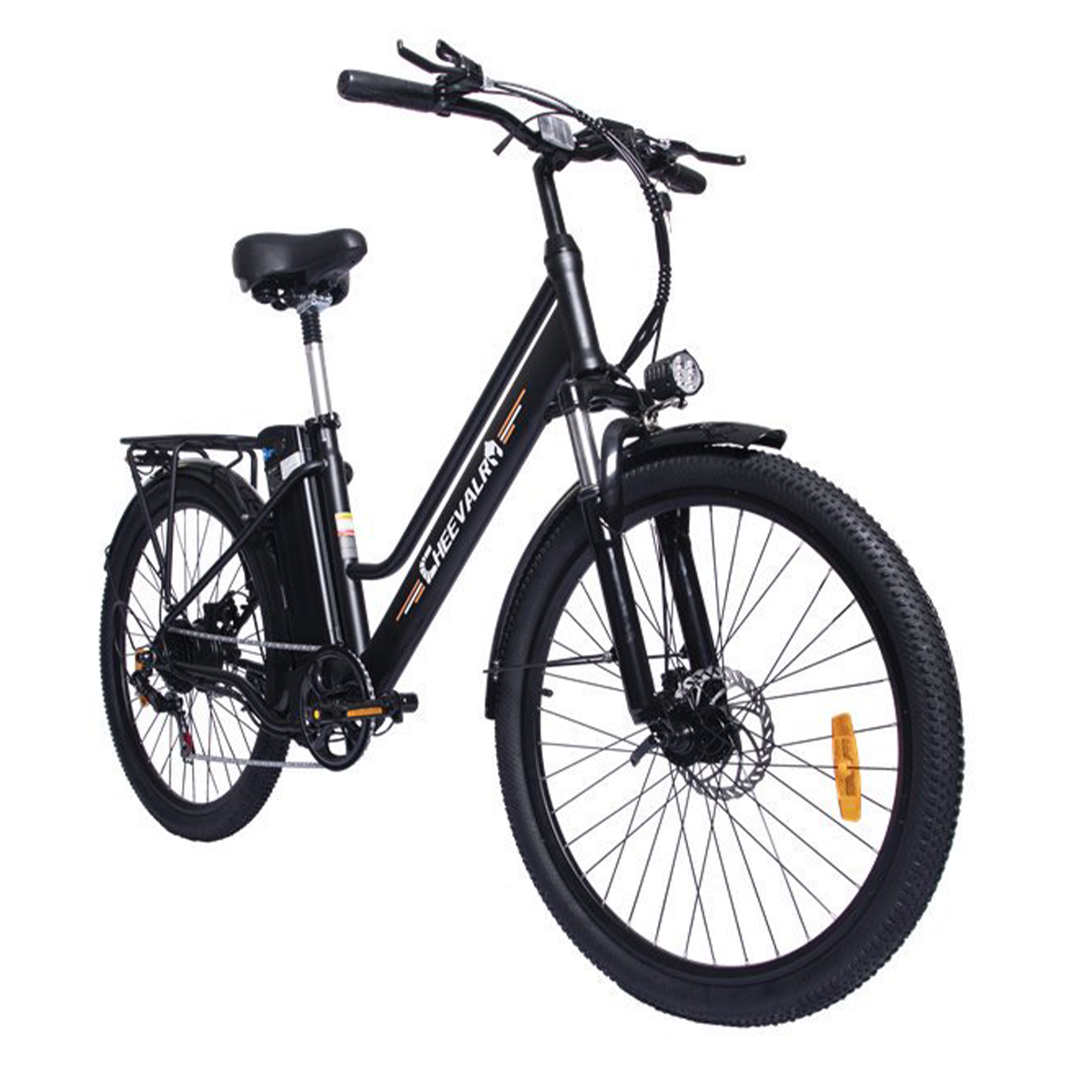 Czarny rower elektryczny o eleganckim designie, wyizolowany na białym tle. Widoczna nazwa marki „CHEEVALAN”.