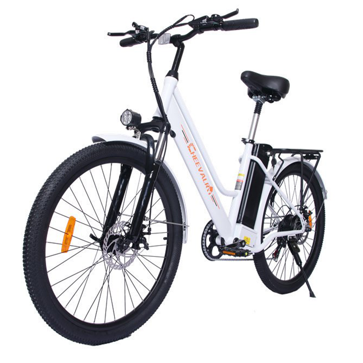 Biały rower elektryczny z marką na białym tle.