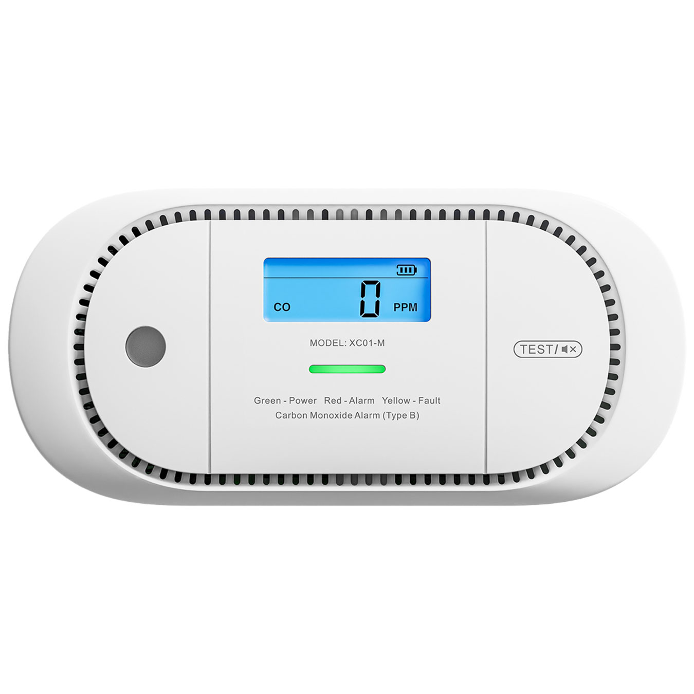 Weißer Kohlenmonoxid-Melder mit Anzeige '0 PPM'. Testtaste und Status-LEDs.