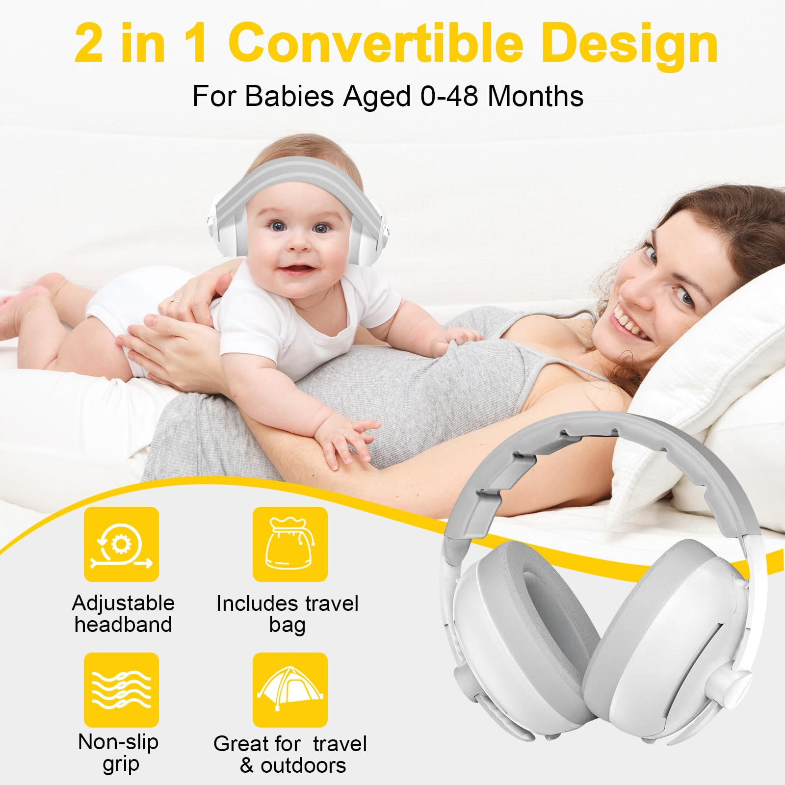 Baby und Mutter mit weißen Baby-Kopfhörern. Text: 2-in-1-Design für Babys 0-48 Monate.