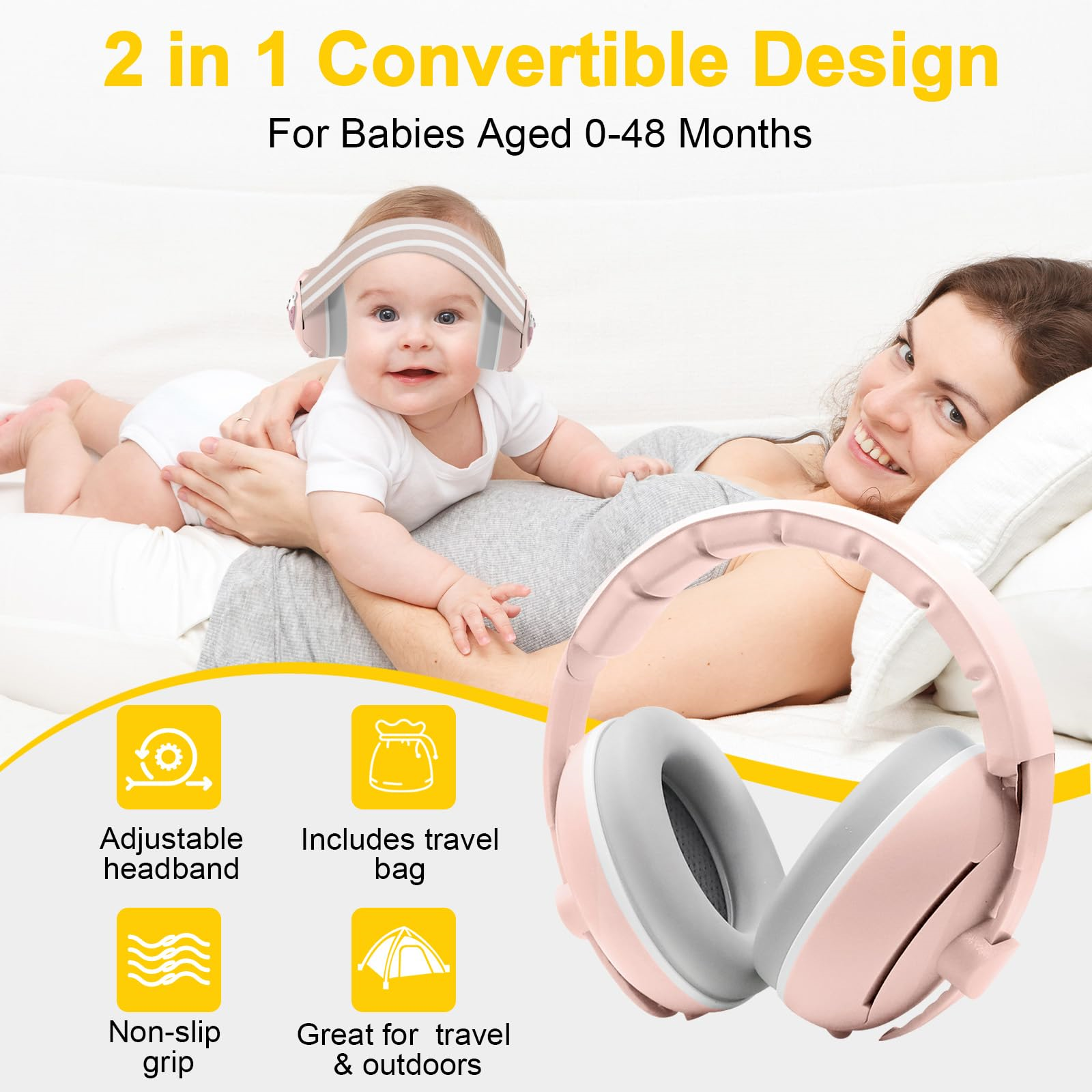 Baby mit Stirnband, Kopfhörern, und eine Frau hält das Baby. Symbole für Reisen und rutschfeste Eigenschaften.