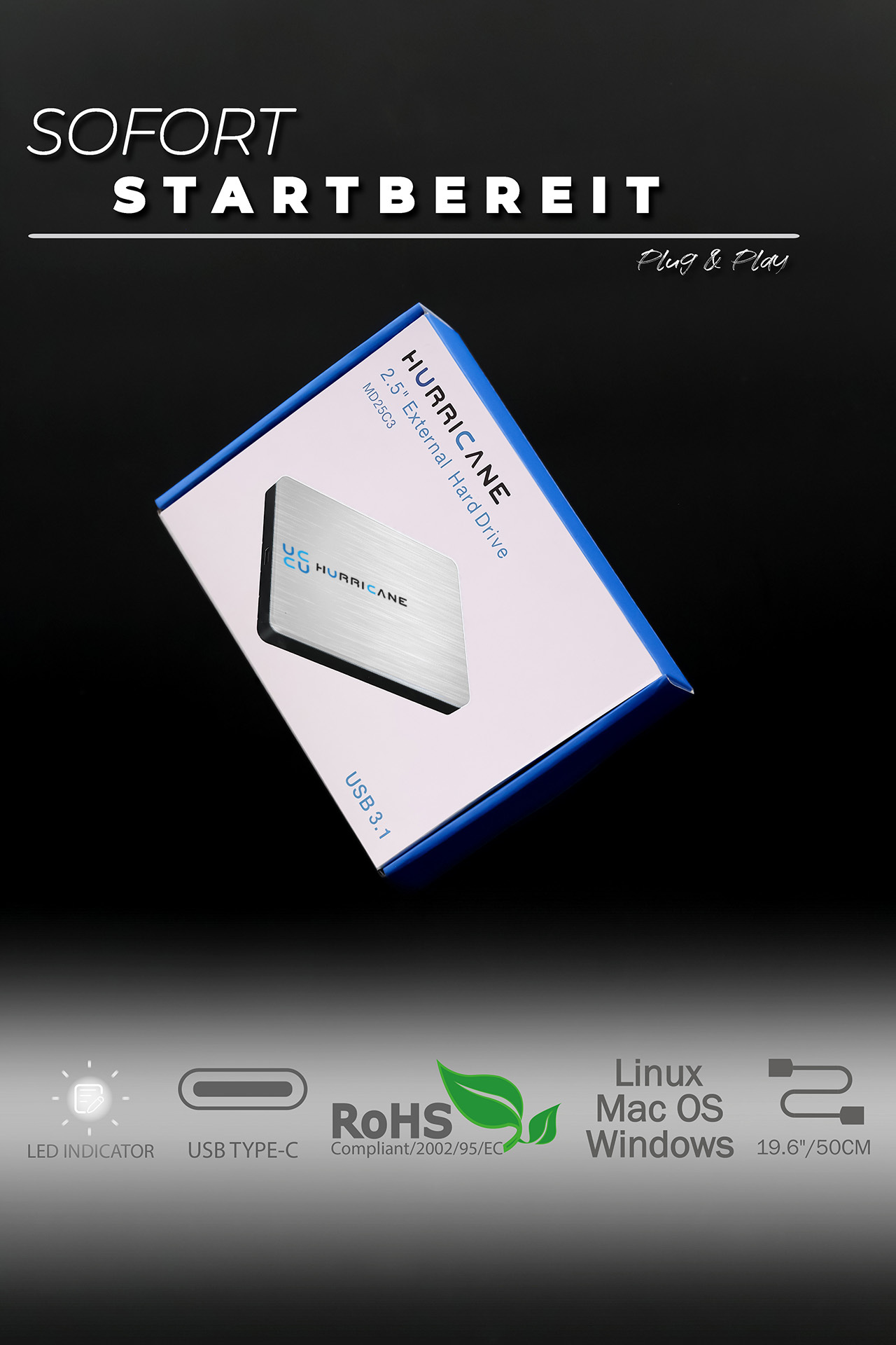 Eine weiße Box mit einer silbernen externen Festplatte. Text lautet 'HURRICANE', 'USB 3.1' und 'Plug & Play'.