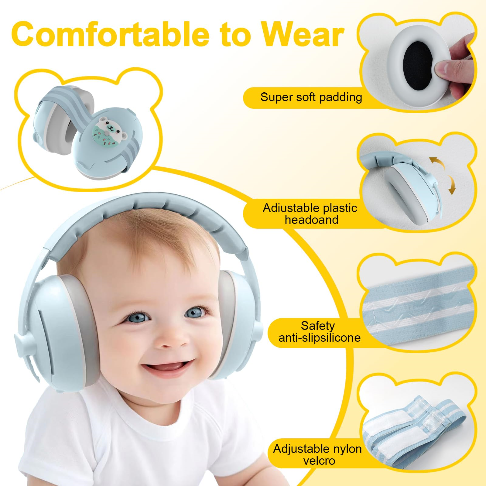 Baby mit blau-weißen Kopfhörern und Informationsgrafik.