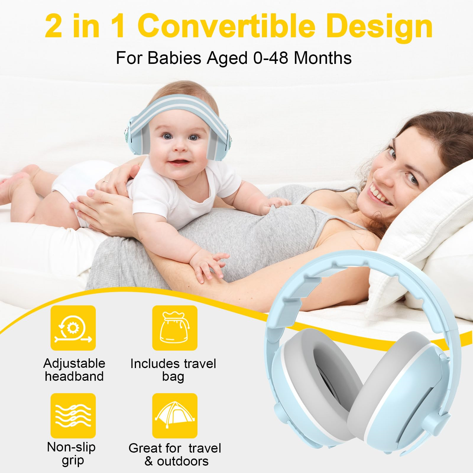 Ein Baby und eine Frau mit Kopfhörern. Text: '2 in 1 Convertible Design', 'Adjustable headband'.