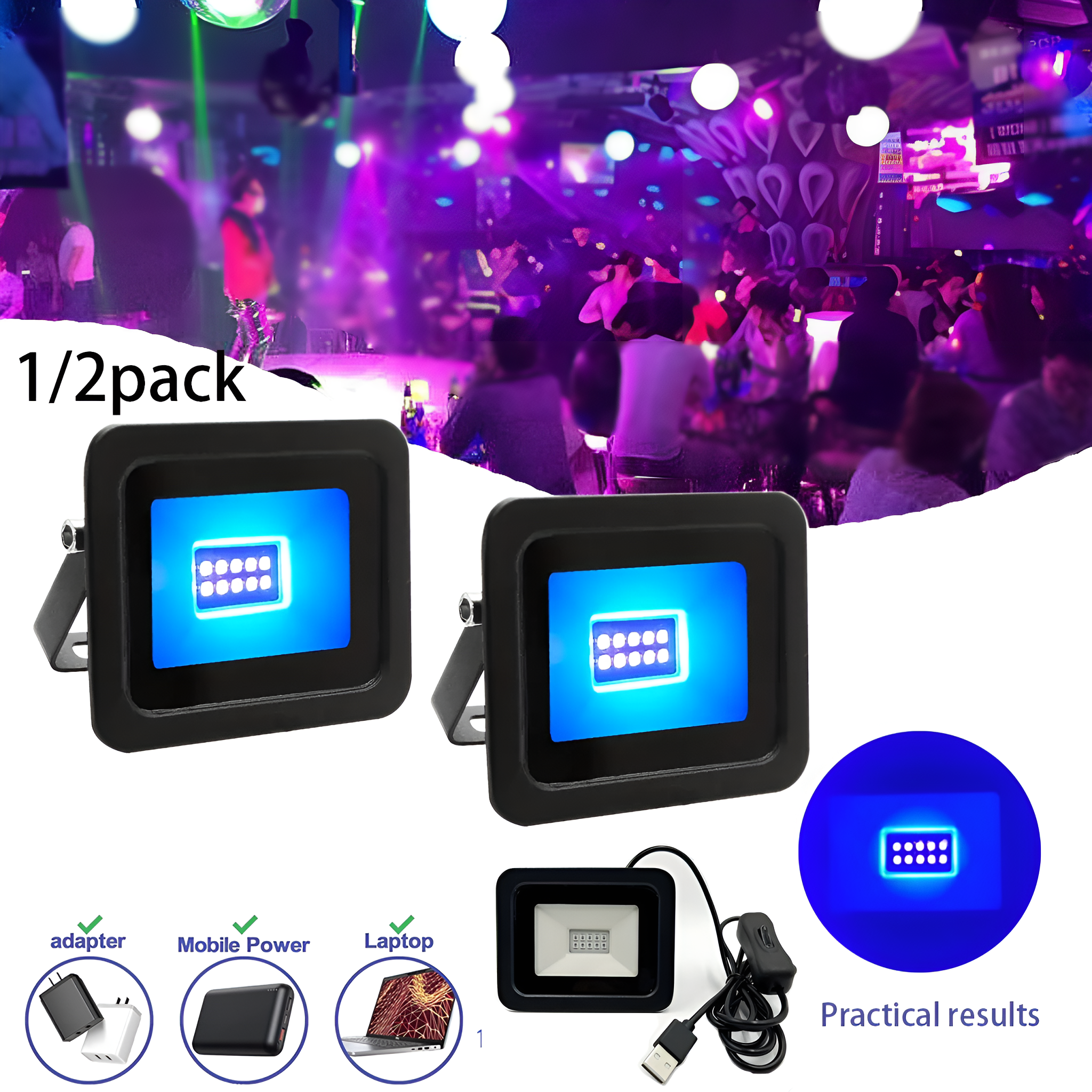 Zwei quadratische blaue LED-Leuchten. Ein Laptop, Adapter und Powerbank sind unten abgebildet.