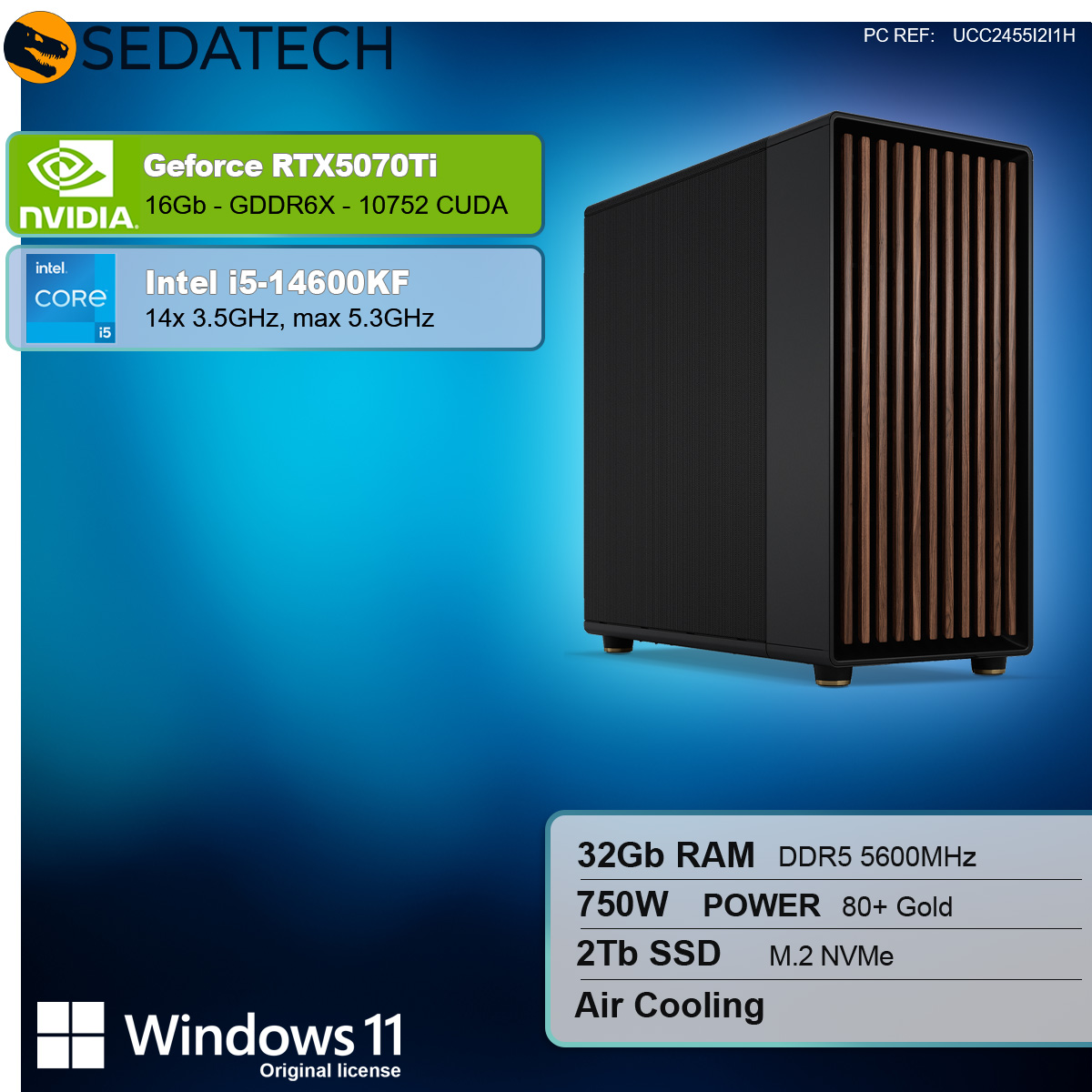 Tower per computer nero con etichette Nvidia e Intel, specifiche elencate di seguito.