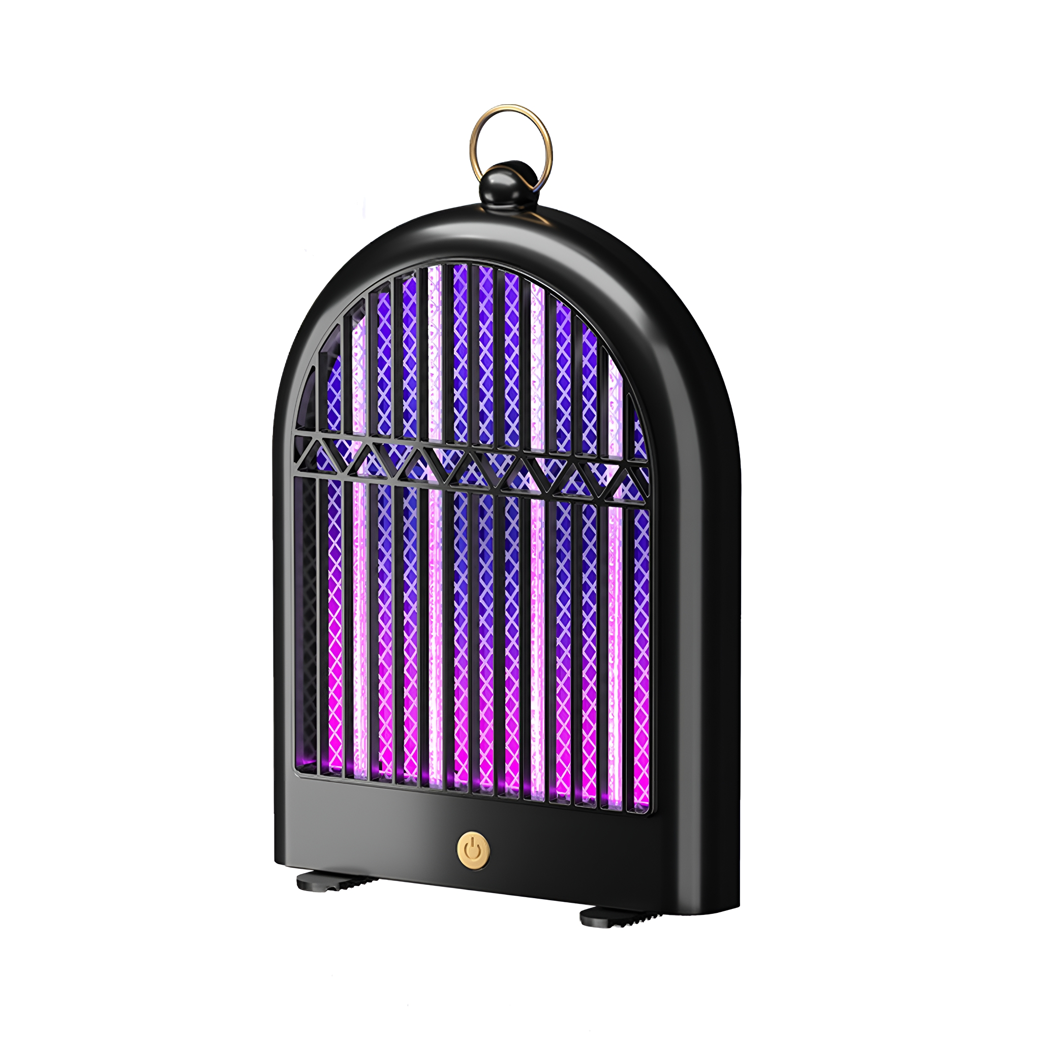 Schwarzer Insektenvernichter mit goldenem Griff, vertikales Design, emittiert violettes Licht.