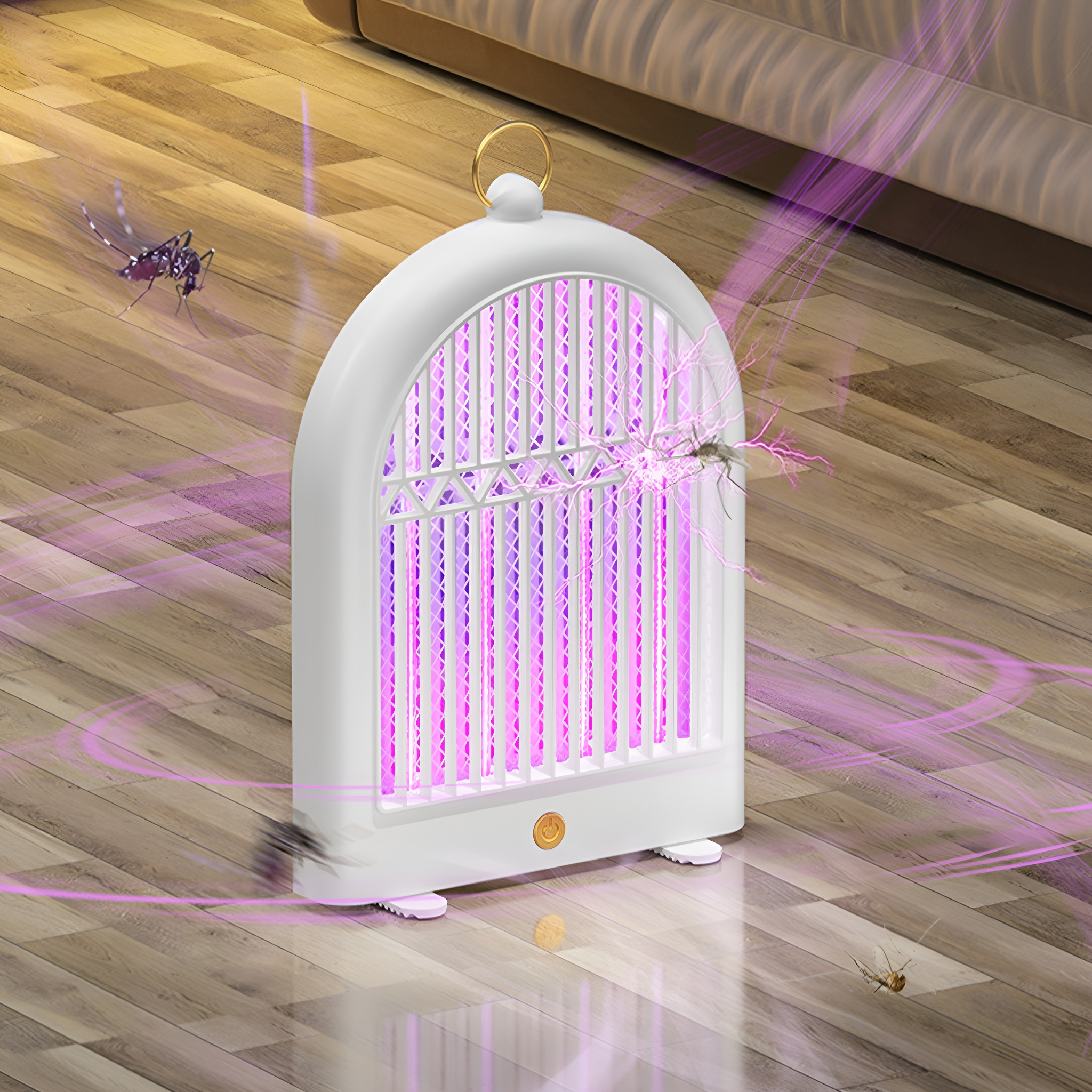 Weißer Insektenvernichter mit lila Licht. Insekten fliegen darum. Hintergrund: Holzboden.