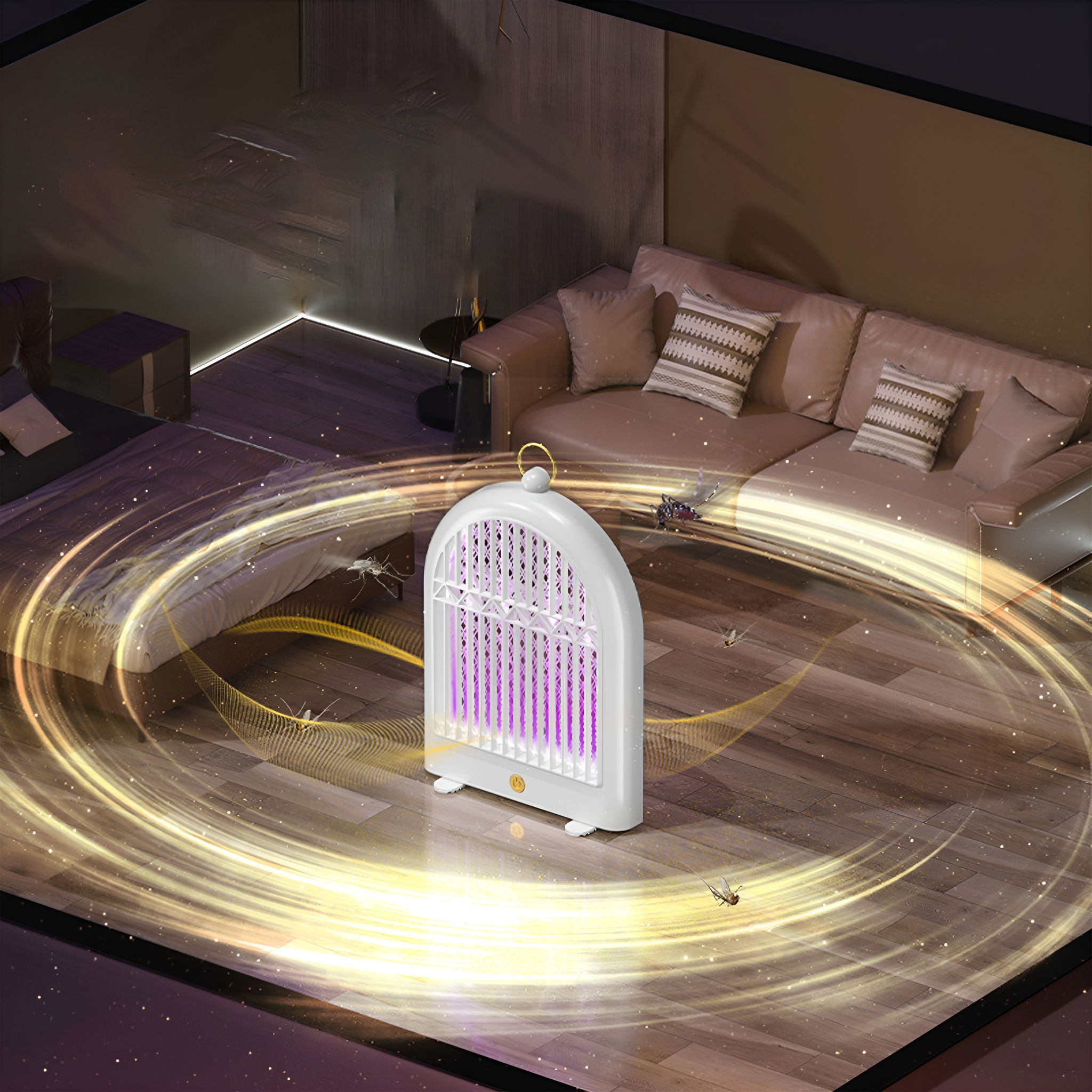Weiße Mückenvernichtungsmaschine mit lila Licht in einem Wohnzimmer.